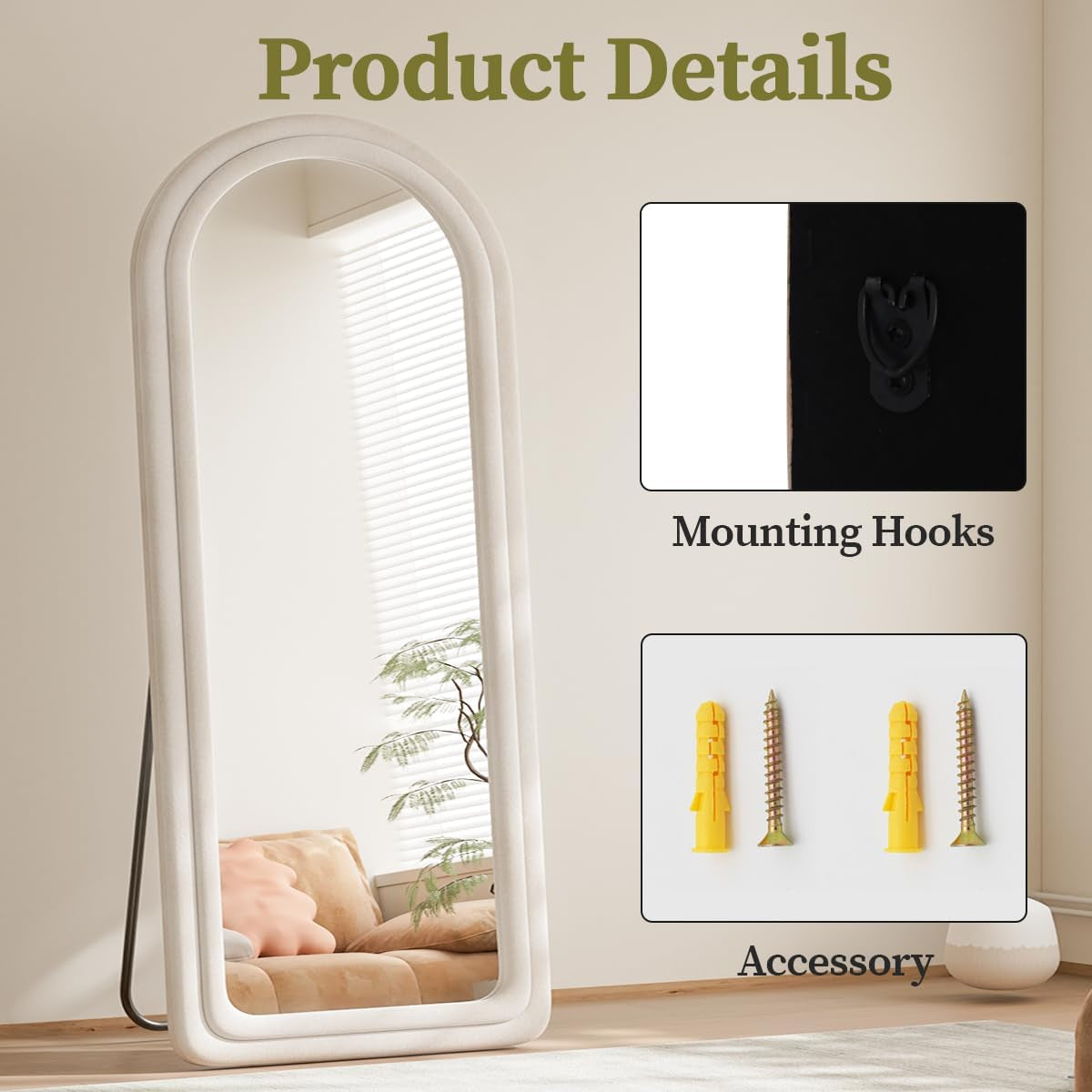 White mirror with mounting hooks and screws on a neutral background