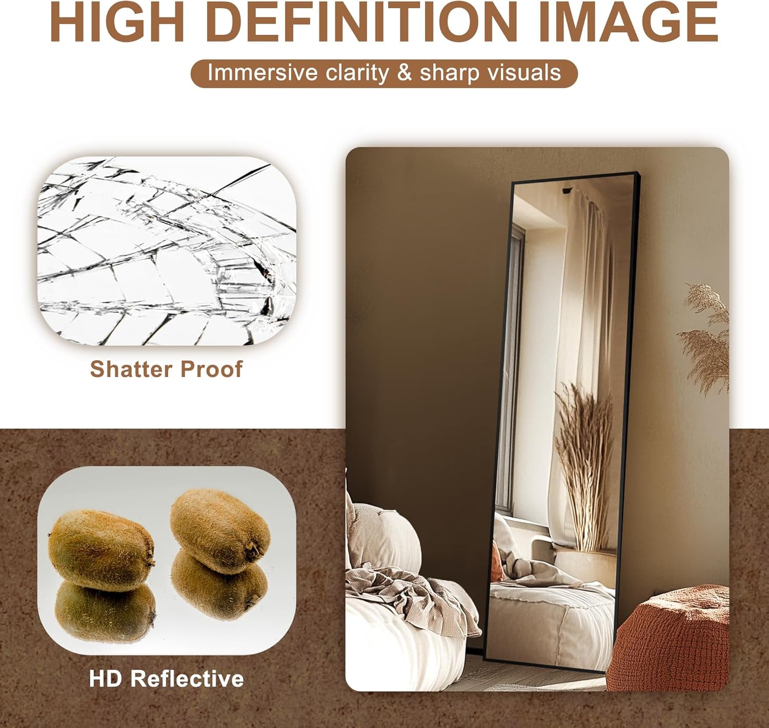 Advertisement for high-definition mirrors with shatter-proof and HD reflective features.