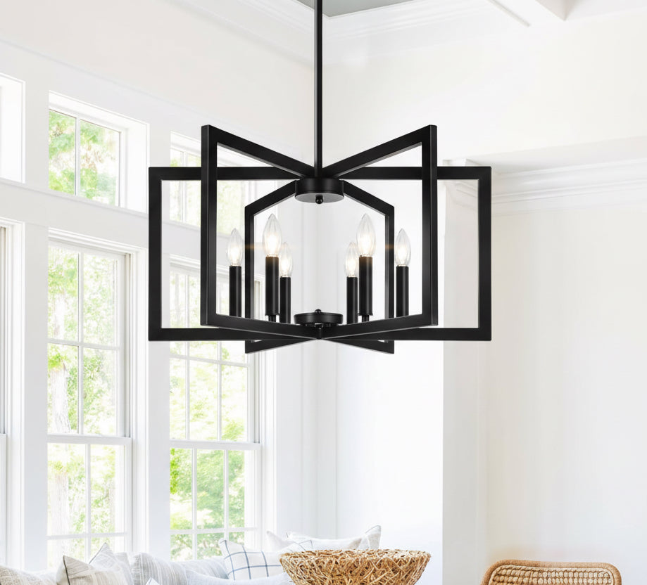 Comparison of a modern chandelier labeled 'Ours' with a traditional one labeled 'Others' in a room setting.