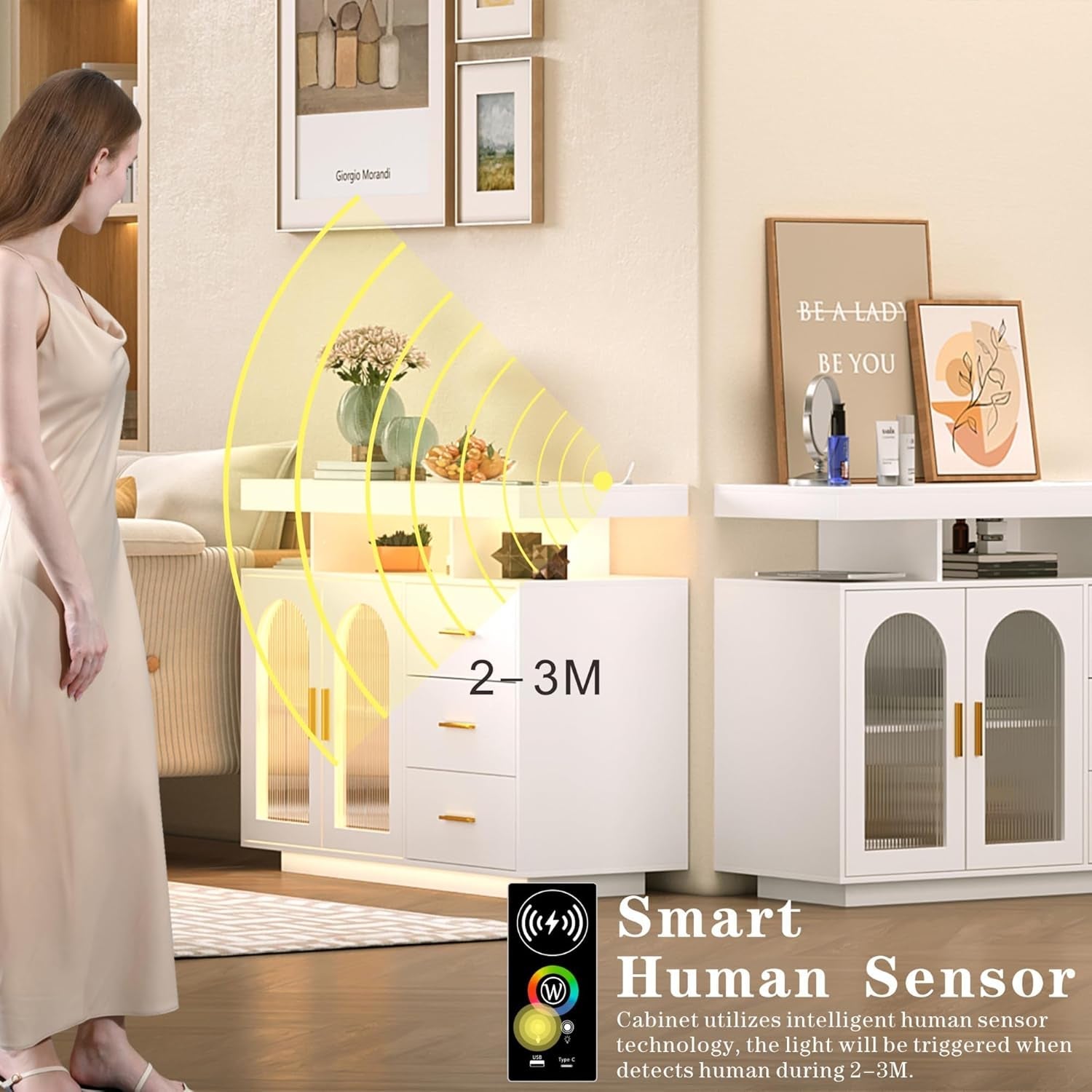 Smart human sensor cabinet in a living room with a woman standing nearby.