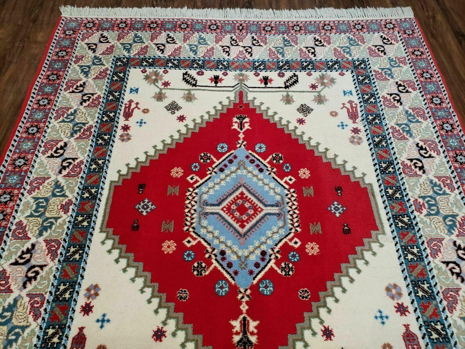 Vintage Moroccan Carpet 5x7 Area Rug, Berber Rug, Handmade Soft Wool Rug, Red Ivory and Blue, Geometric Medallion Rug, Bohemian Rug, Nice-2