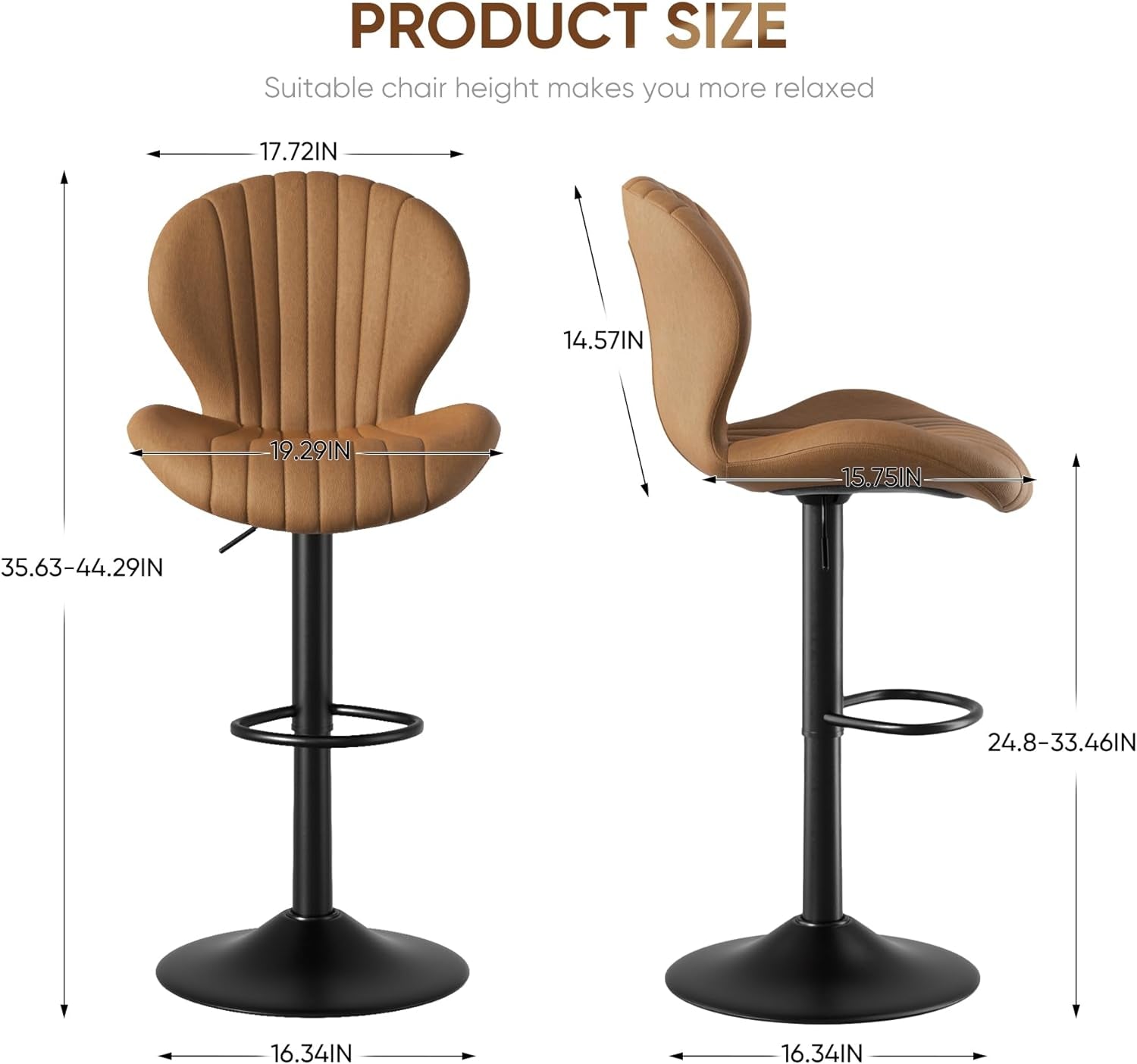 Brown bar stools with black metal legs and height measurements on a white background