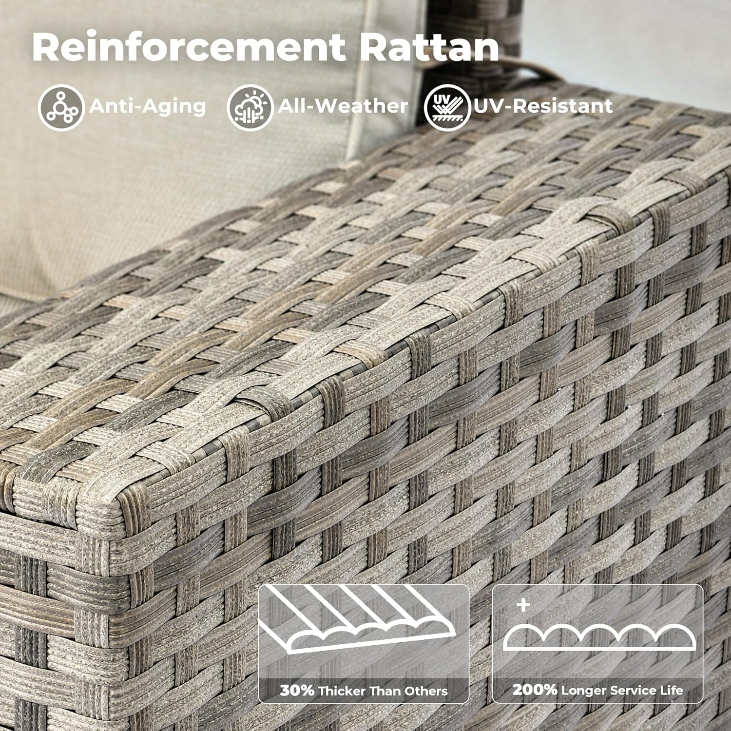 Woven rattan storage basket with reinforcement features and product benefits displayed.