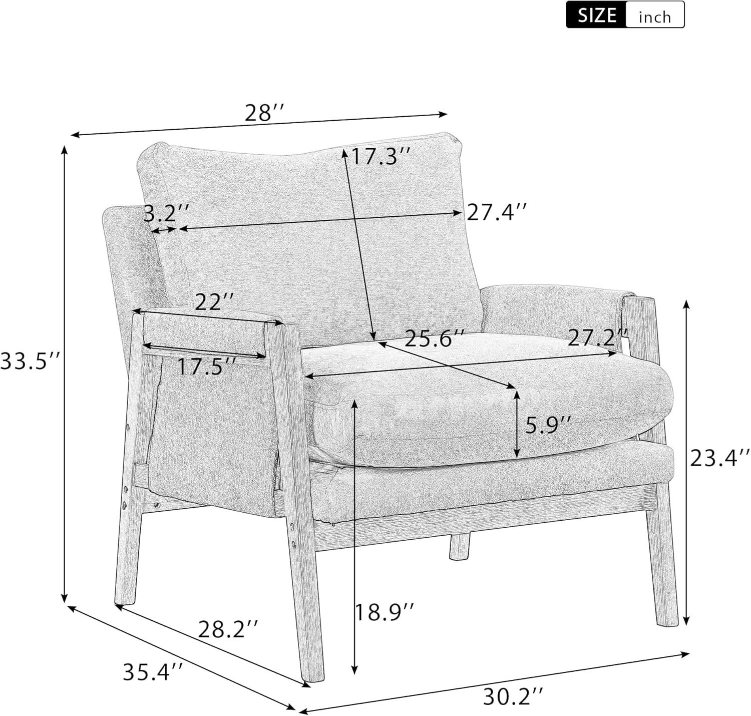 Measurement chart of a chair with dimensions labeled in inches.