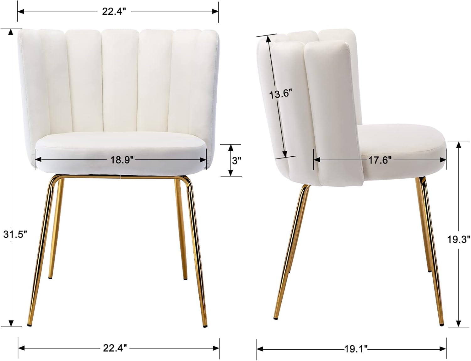 White chairs with gold legs and dimensions labeled on a white background