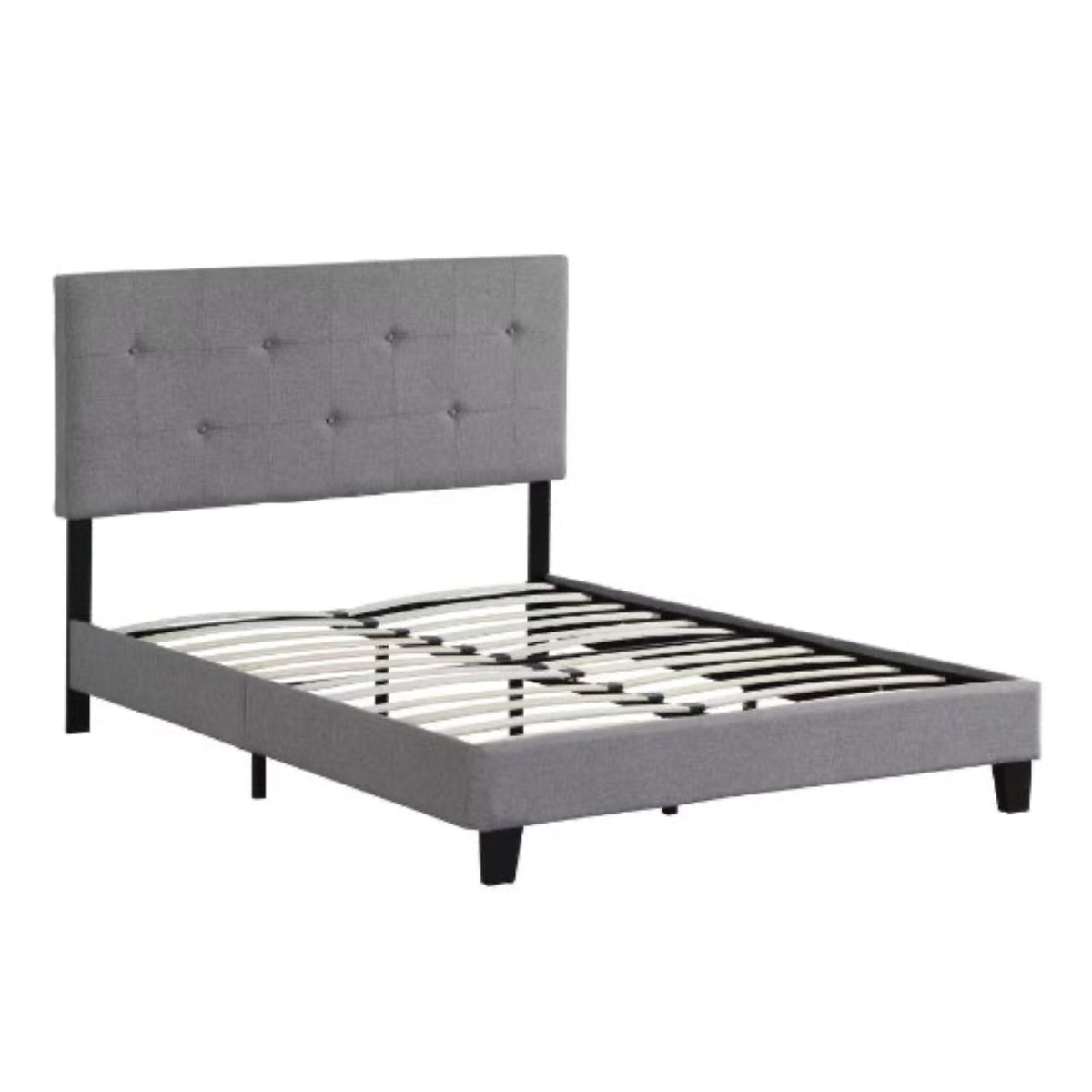 Gray upholstered bed frame on a white background