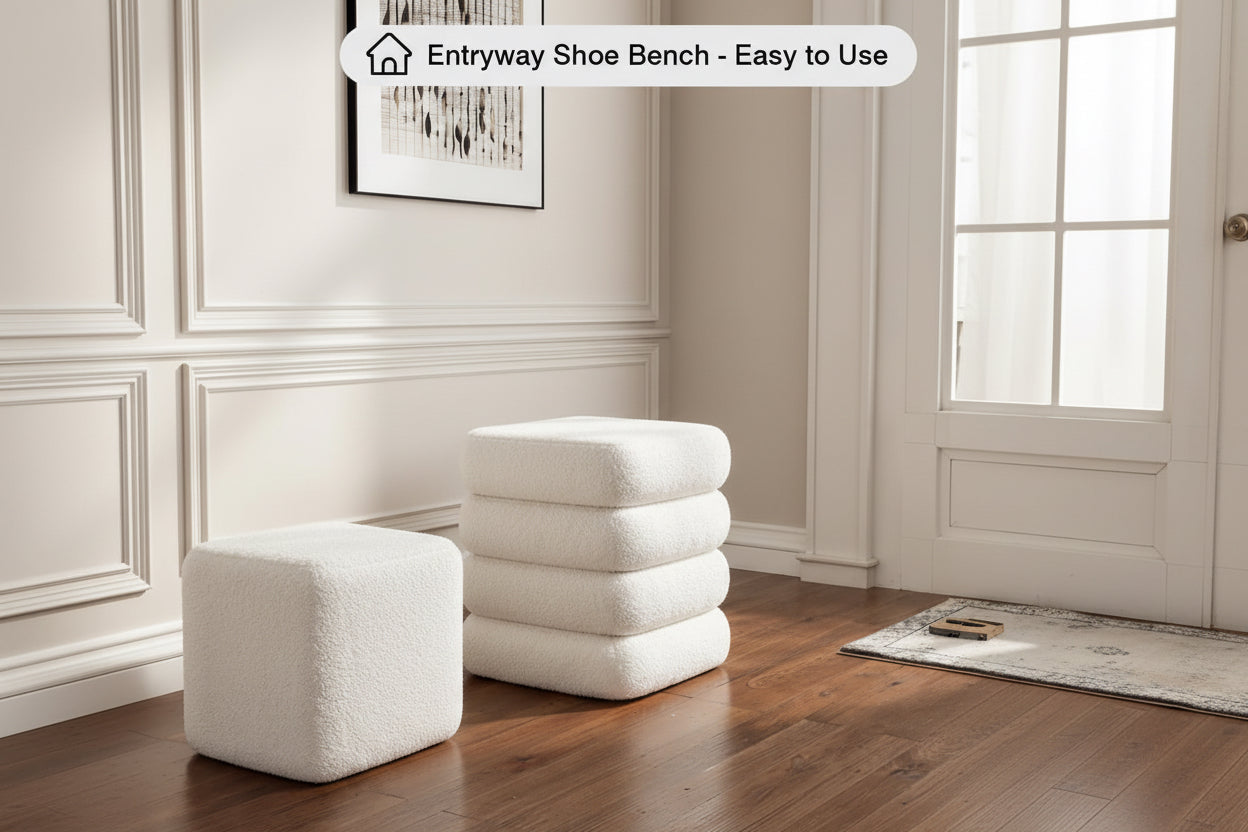 Two people using a stack of white entryway shoe benches in a home setting.