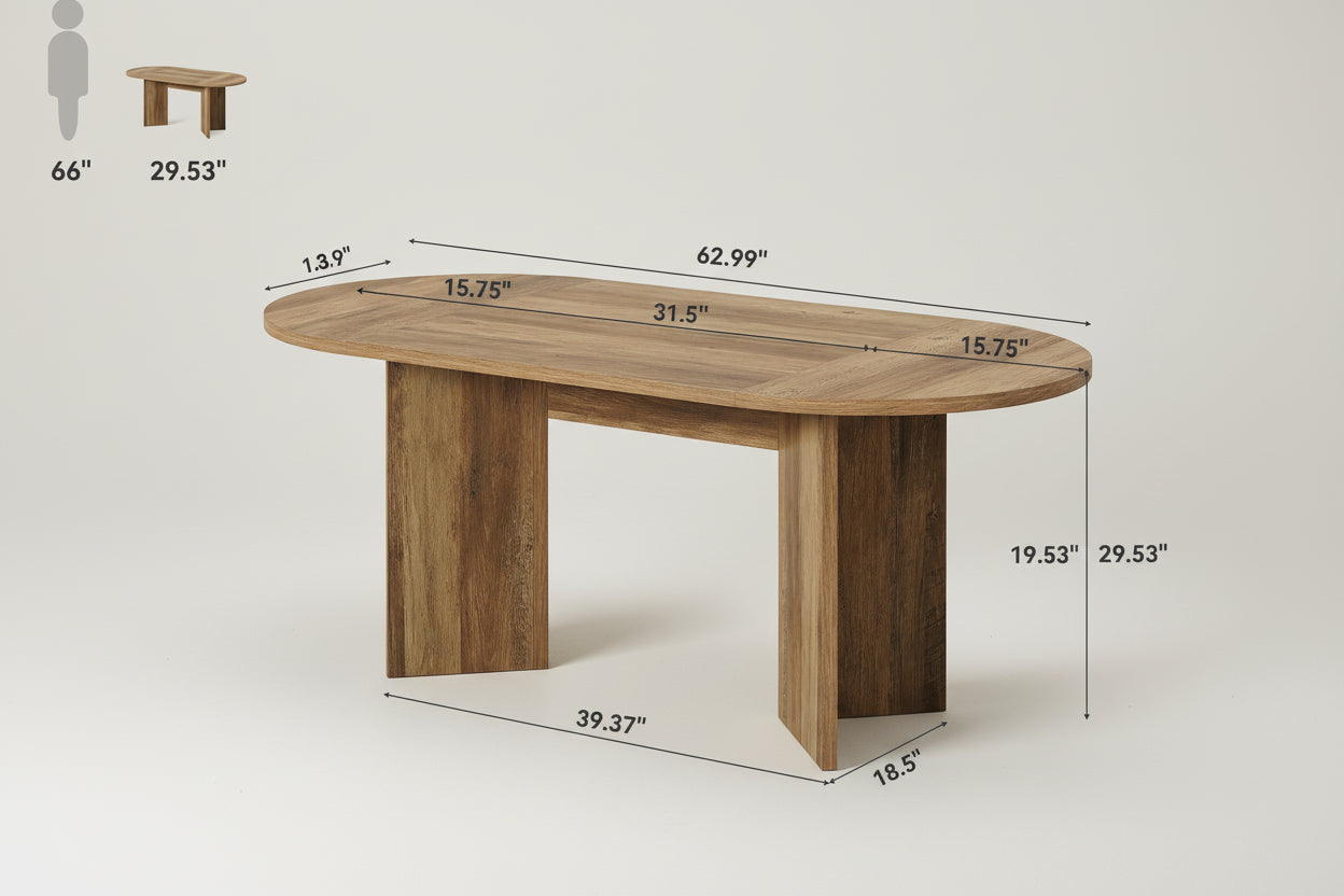 Wooden dining table with dimensions labeled on a white background