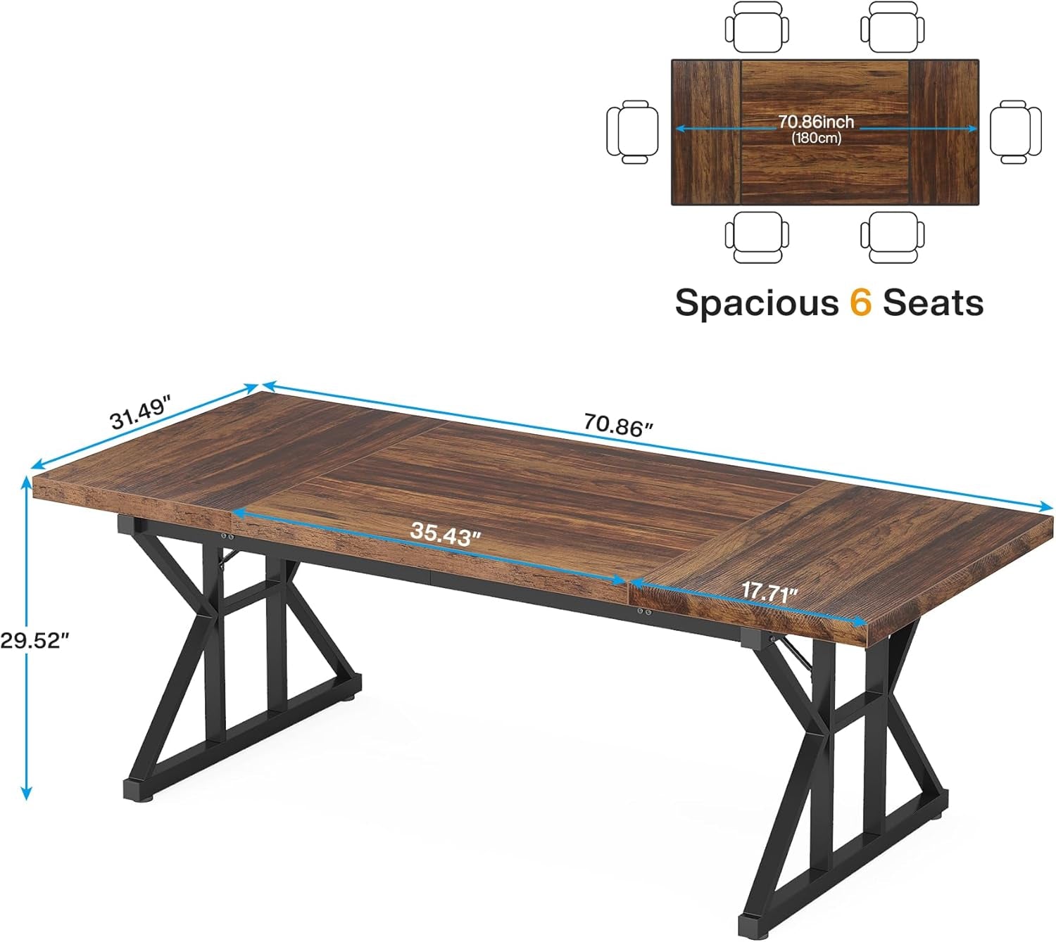 Wooden dining table with dimensions and seating capacity text on a white background