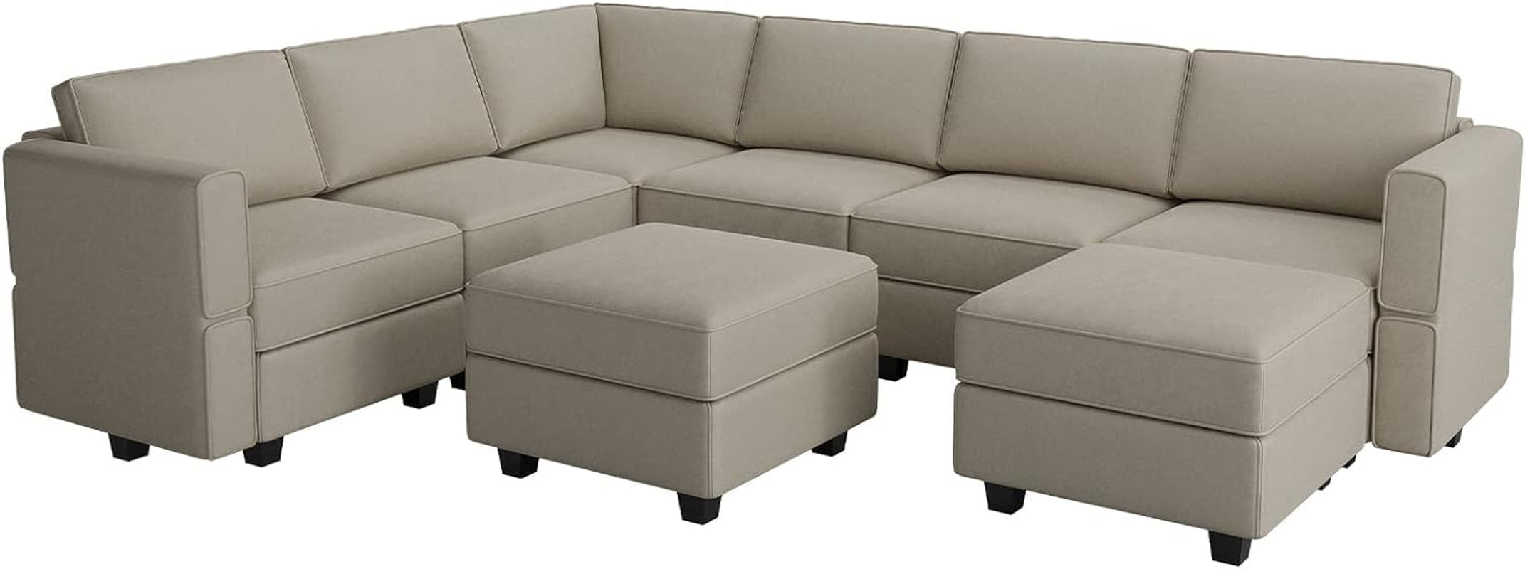 Beige sectional sofa with ottoman on a white background