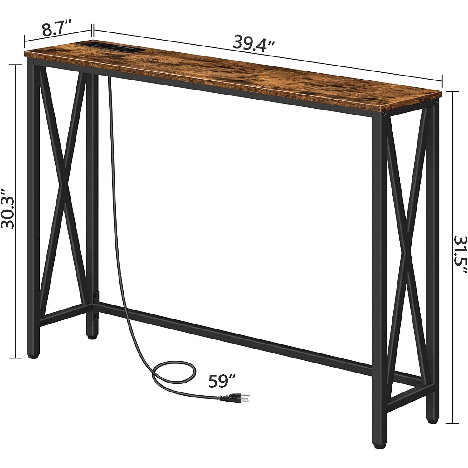 Wooden table with black metal legs and dimensions labeled on a white background