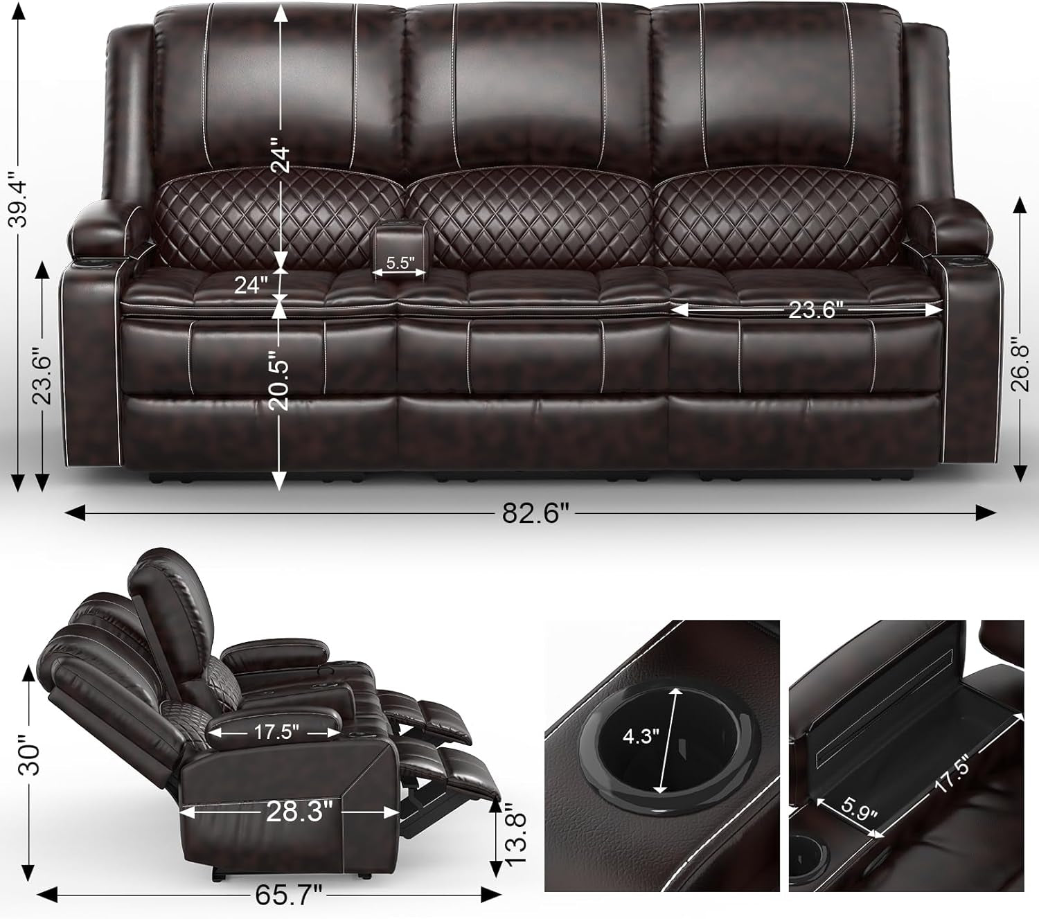 Black leather sofa with dimensions labeled on a white background