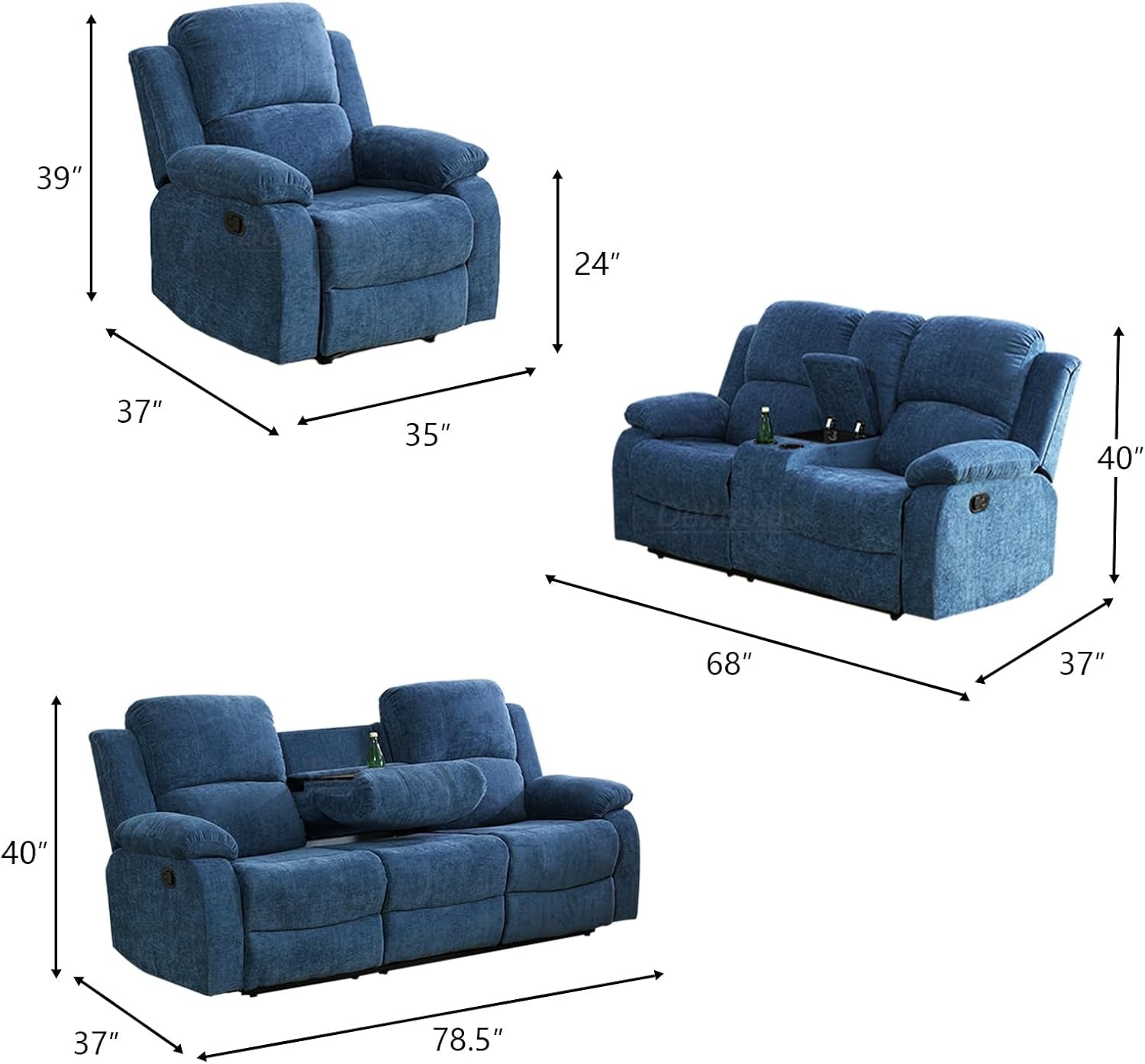 Blue recliner sofa set with dimensions on a white background