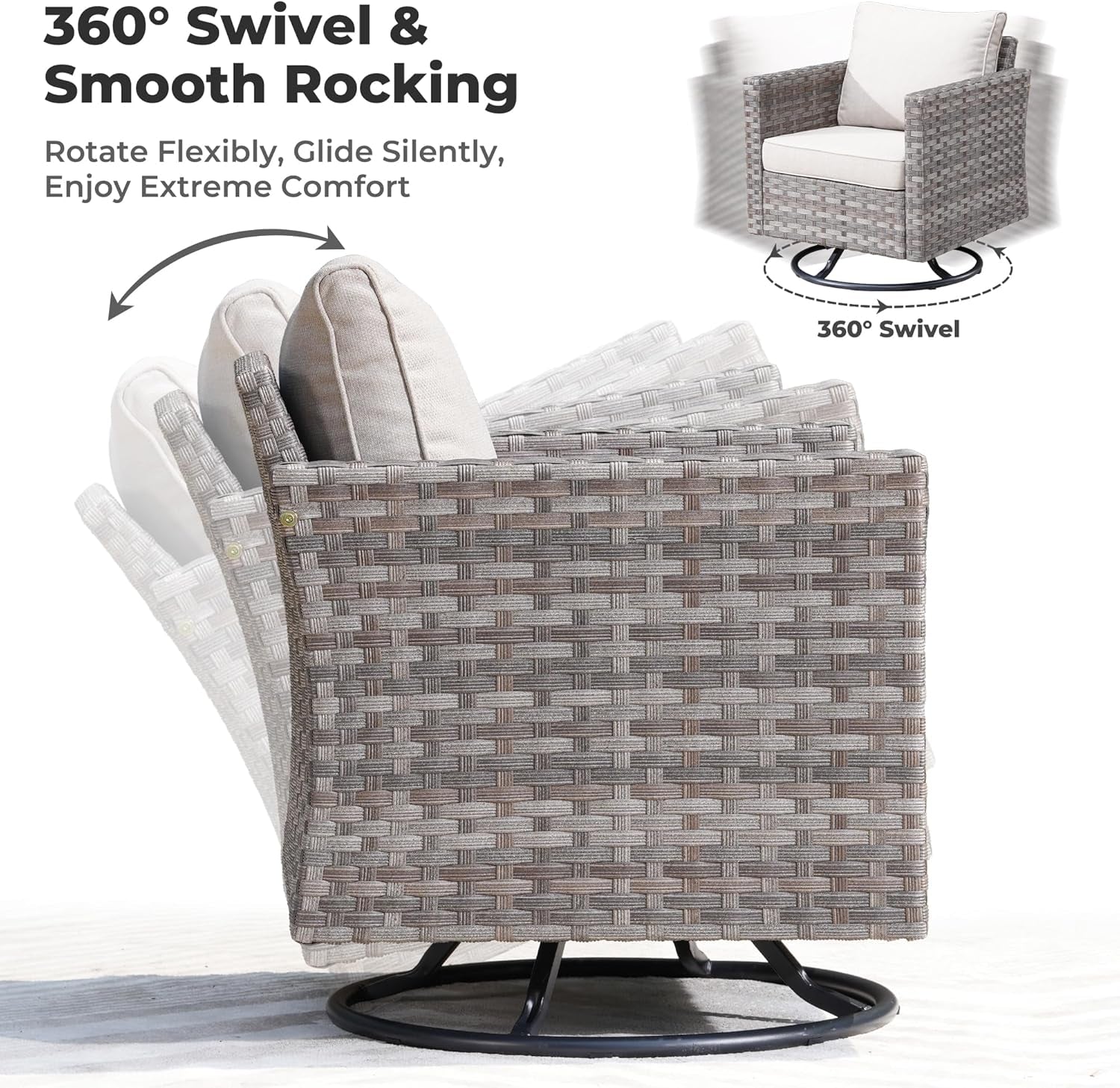 Gray wicker chair with 360-degree swivel feature on a white background