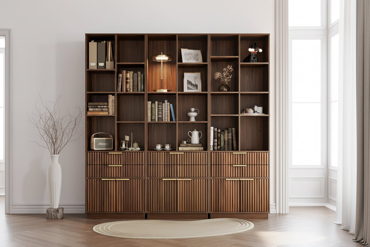 Woman standing in front of a large wooden bookshelf in a modern room.
