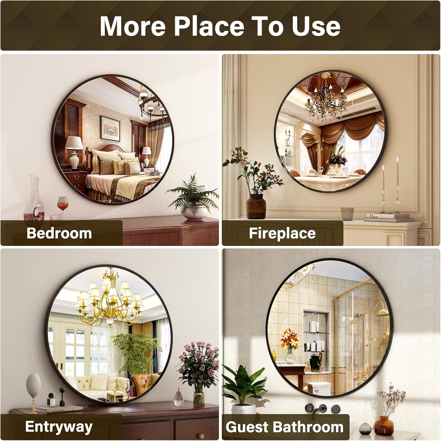 Circular mirrors displayed in various rooms with text indicating their use.