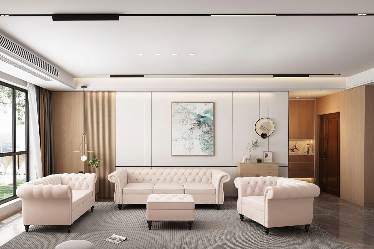 Beige Velvet Sectional Sofa Set With Button Tufting-2