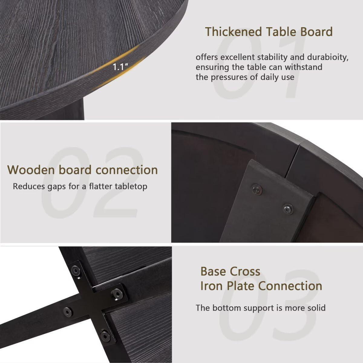 Detailed view of a table with text highlighting its features on a white background.