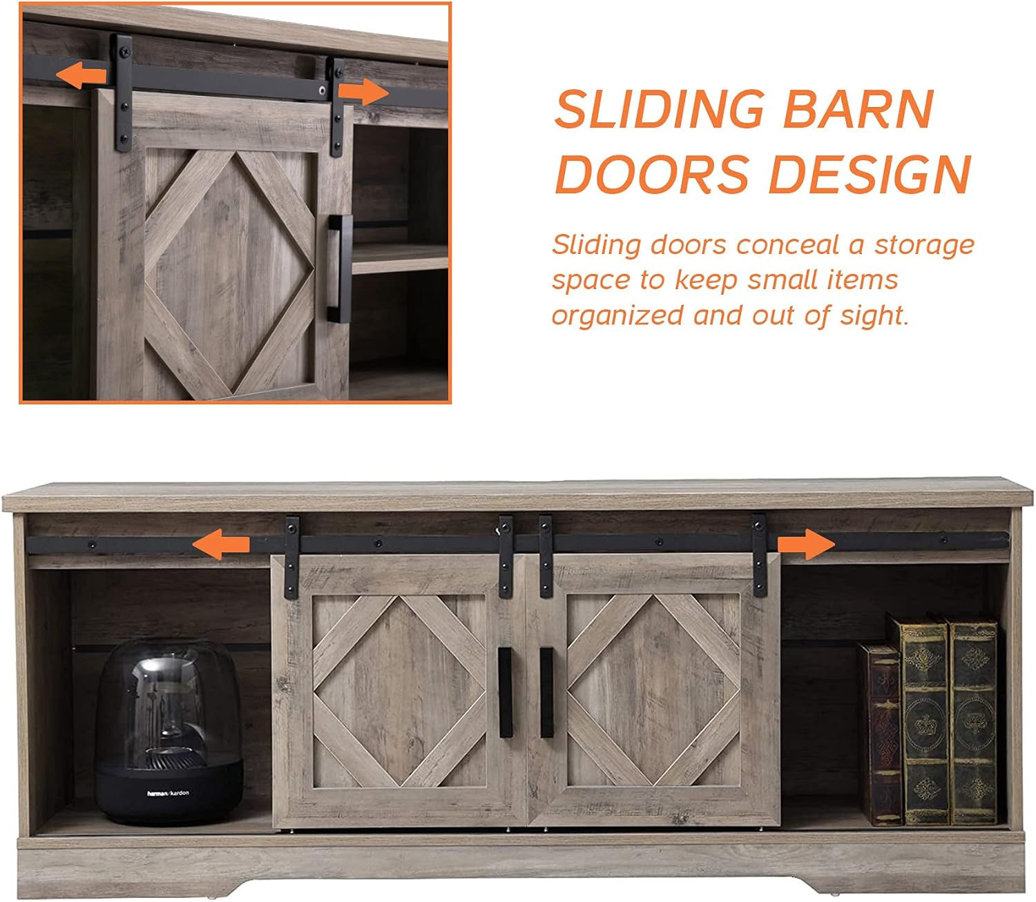 Wooden entertainment console with sliding barn doors and text explaining the design.