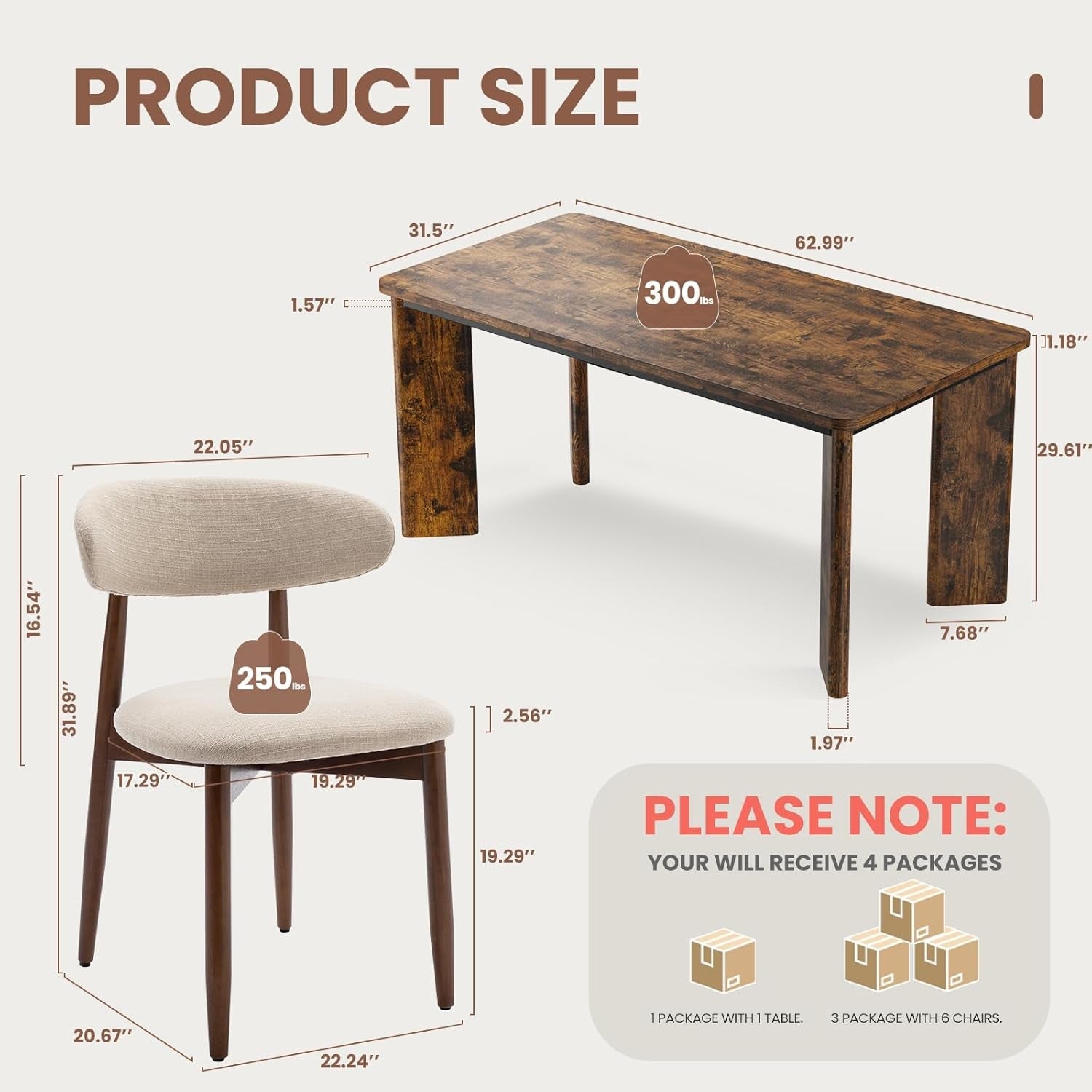 Wooden table and chair with dimensions on a white background