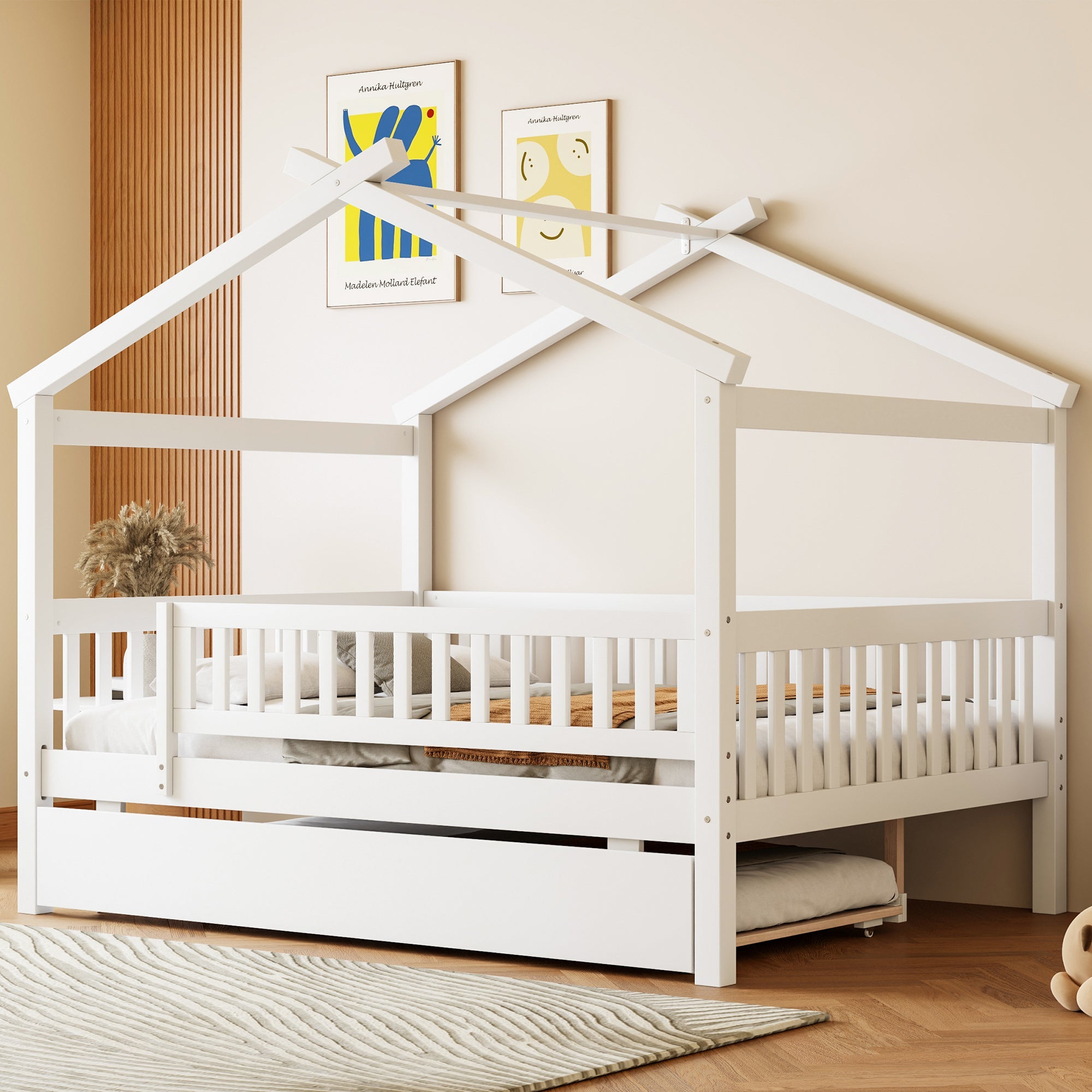 Full Size Wooden House Bed with Twin Size Trundle