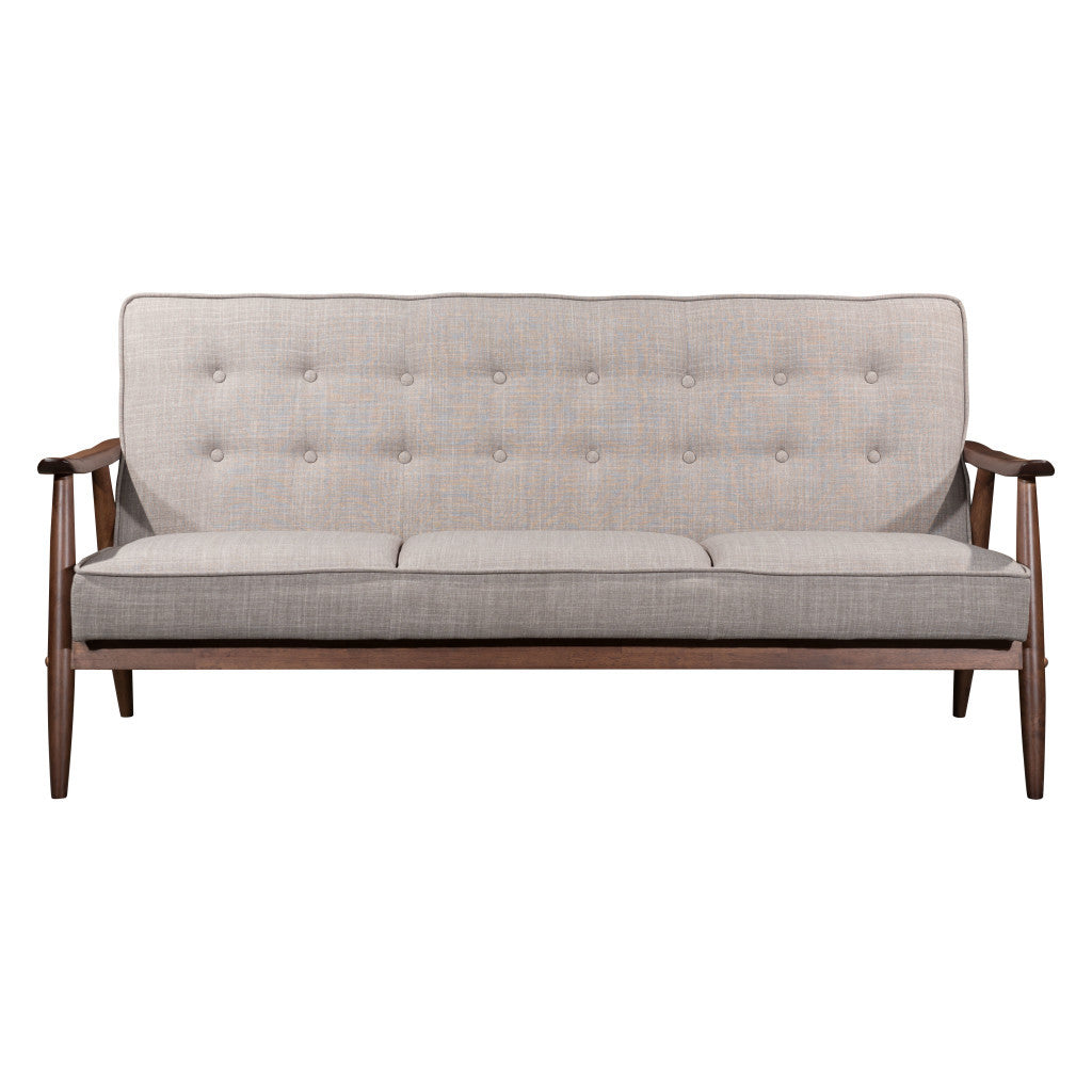 Gray upholstered sofa with wooden armrests on a white background