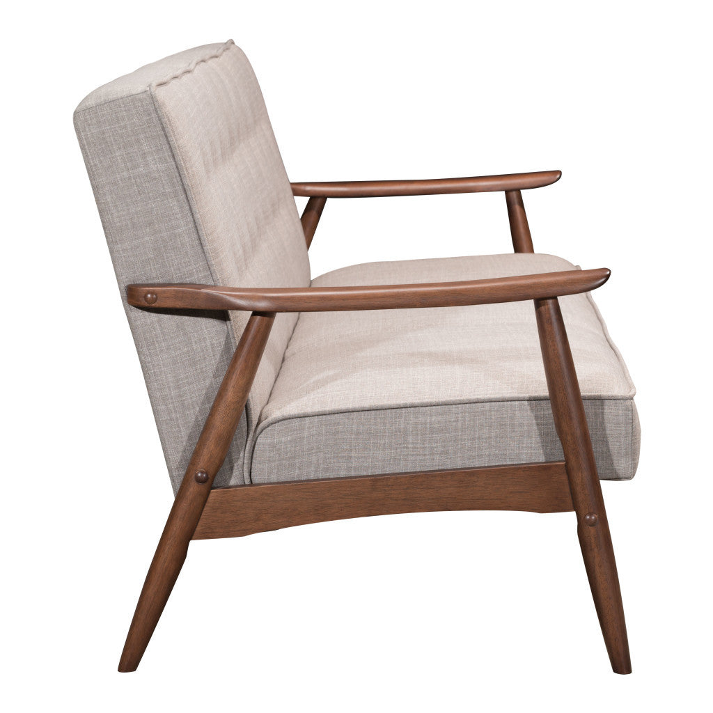 Chair with wooden frame and gray cushion on a white background