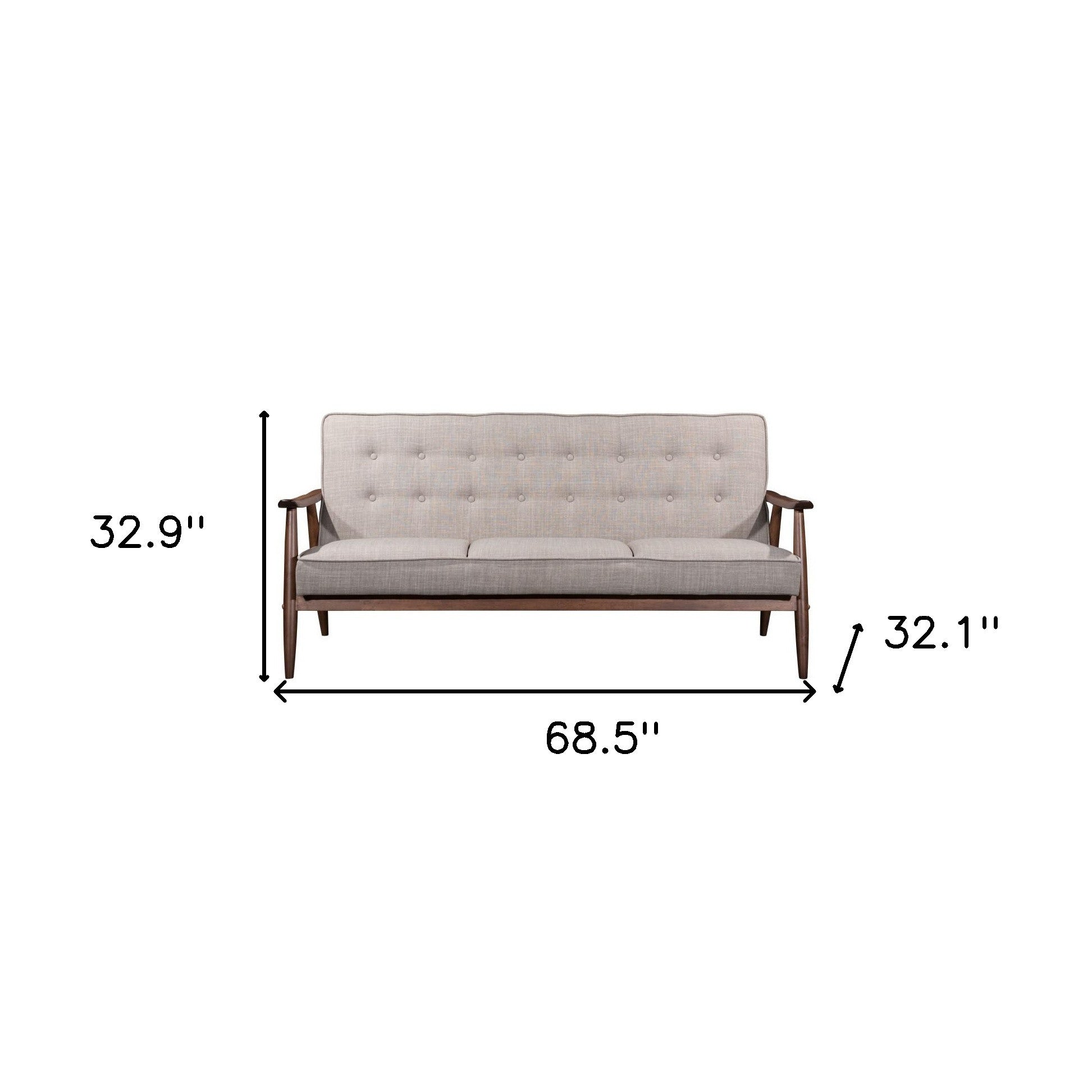 Gray sofa with dimensions labeled on a white background