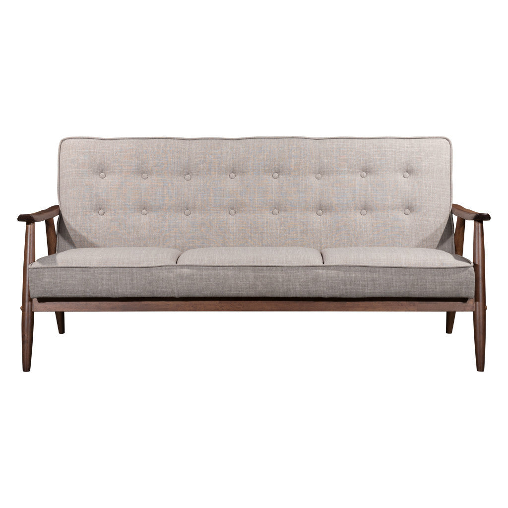 Gray upholstered sofa with wooden frame on a white background