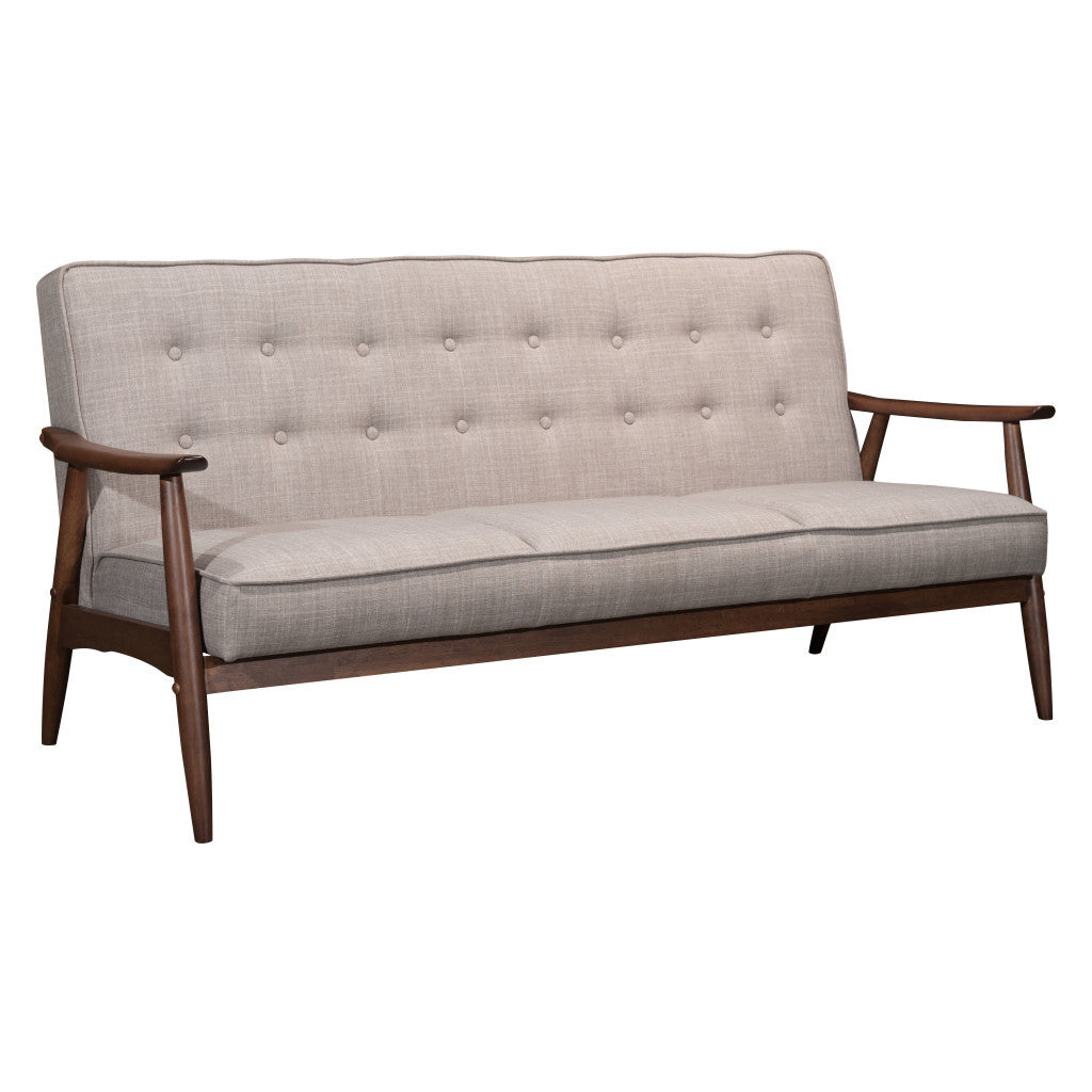 Beige sofa with wooden armrests and legs on a white background