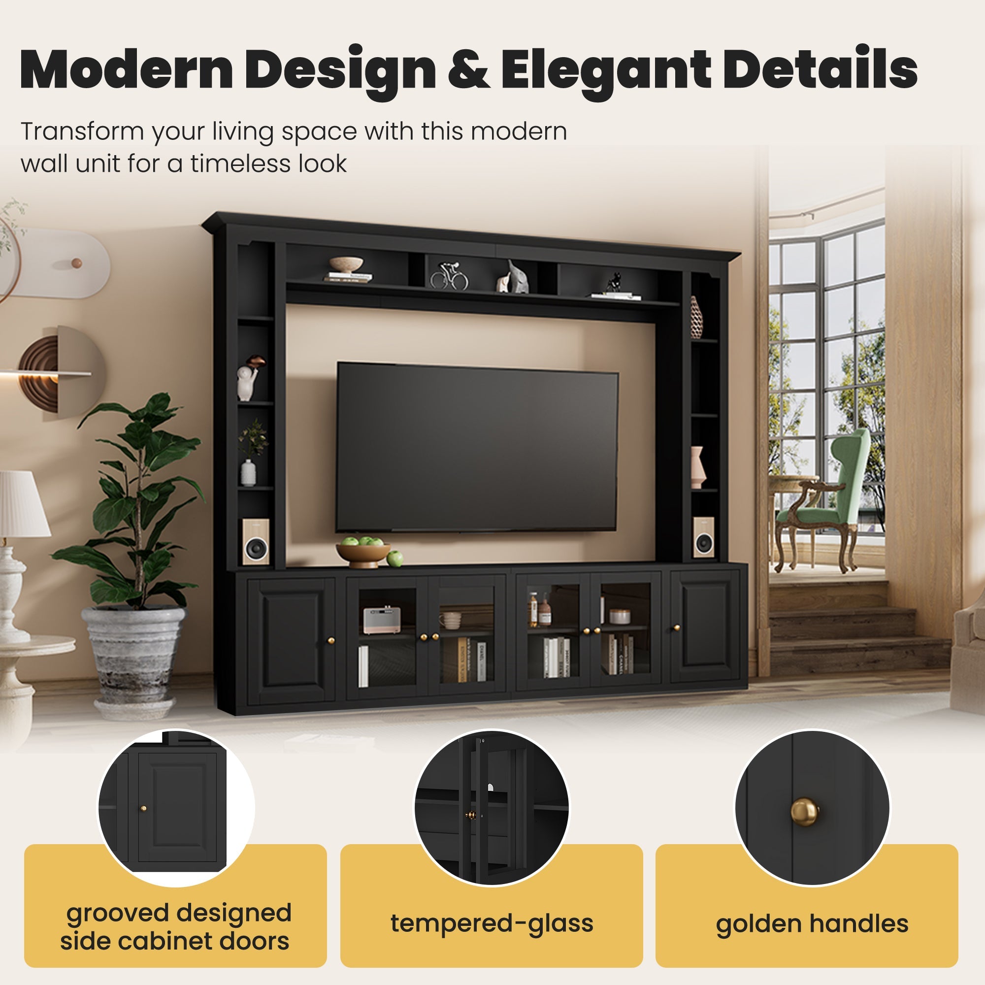 4-Piece Modern Entertainment Center Wall Unit With Bookshelves,