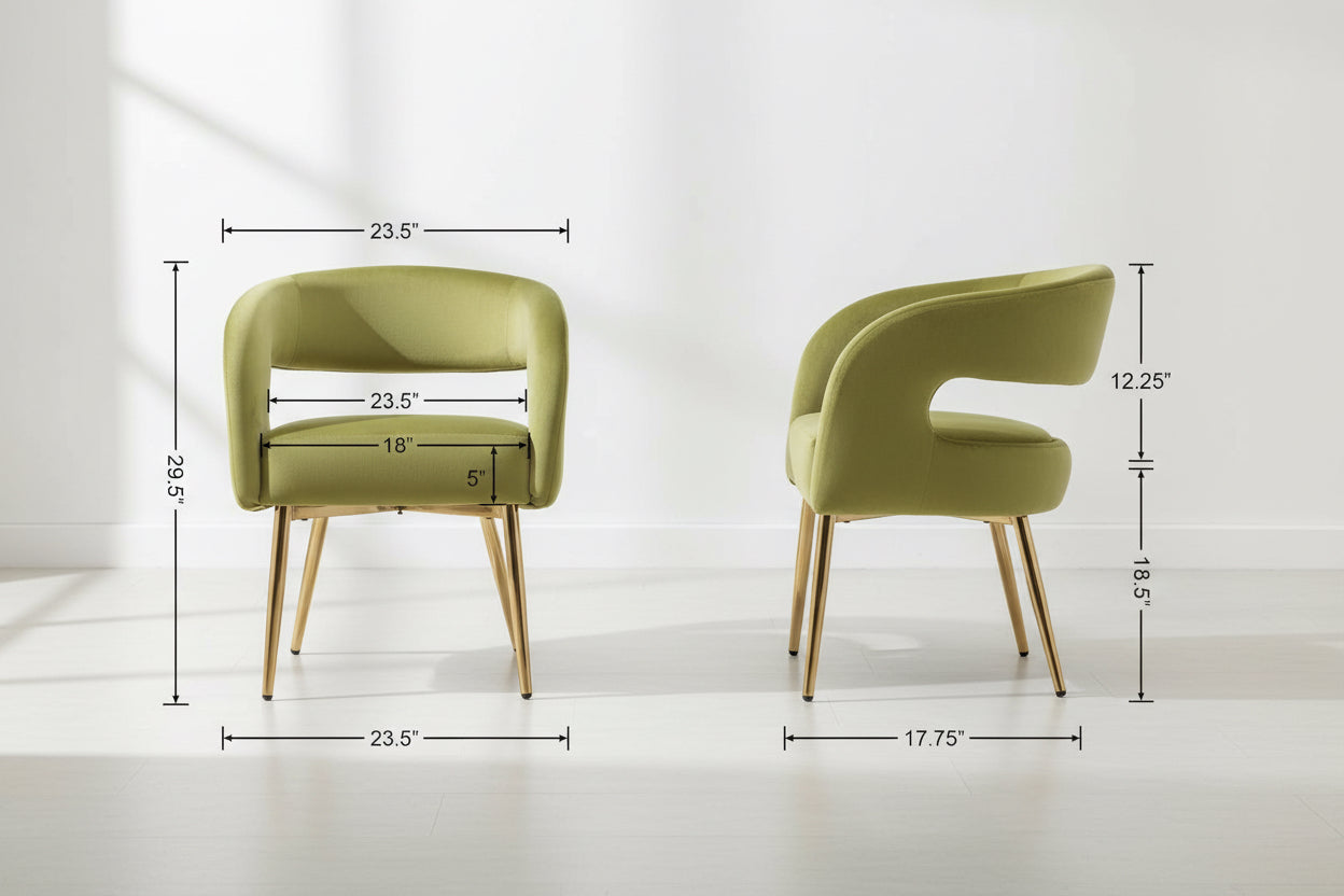 Green chair with dimensions labeled on a white background