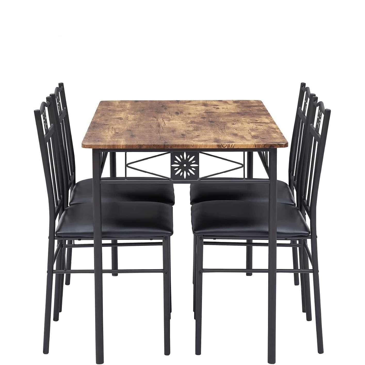 Dining table set with chairs on a white background, featuring text about space-saving design.