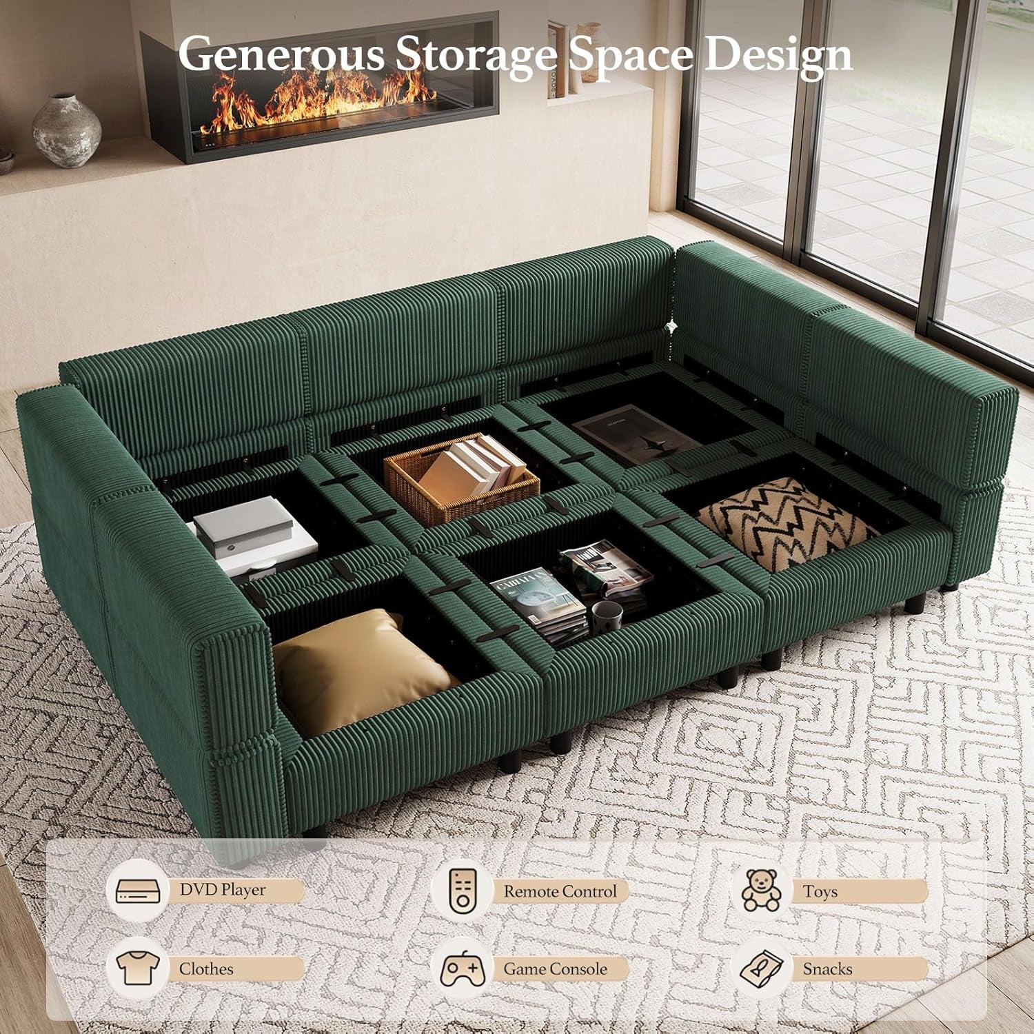 Green Modular Sectional Sofa Featuring Deep Storage-4