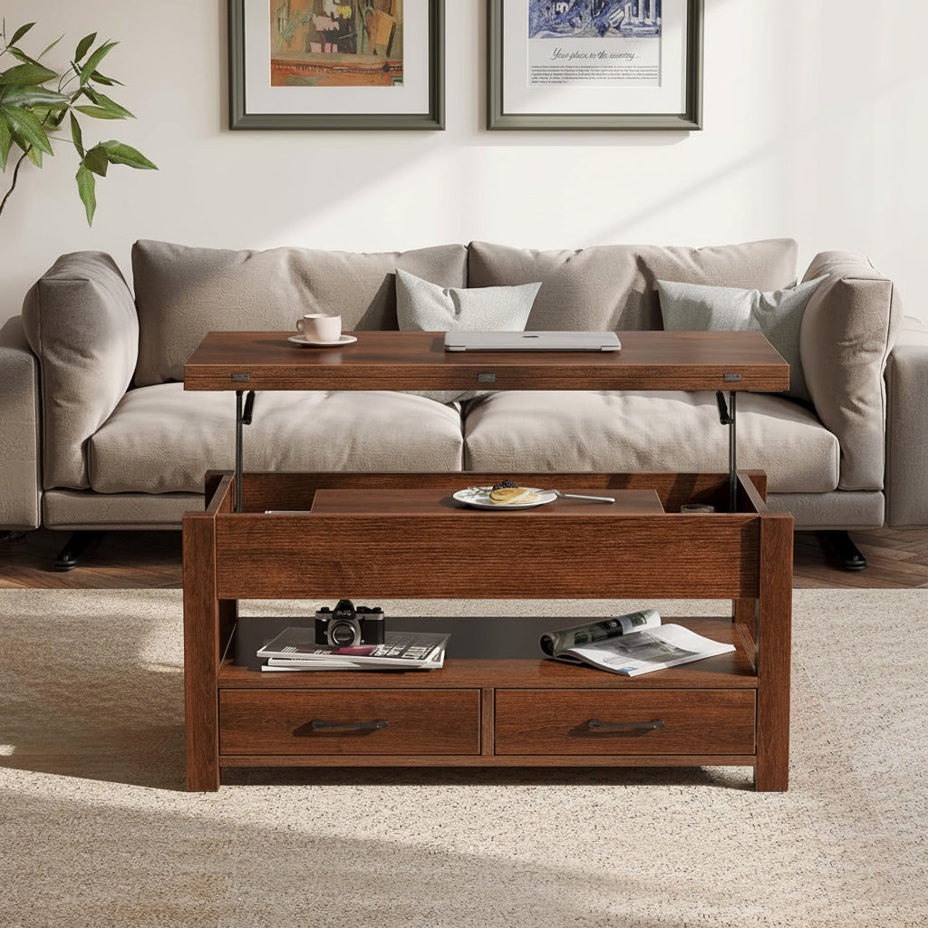 Green sofa with a wooden coffee table in a living room setting