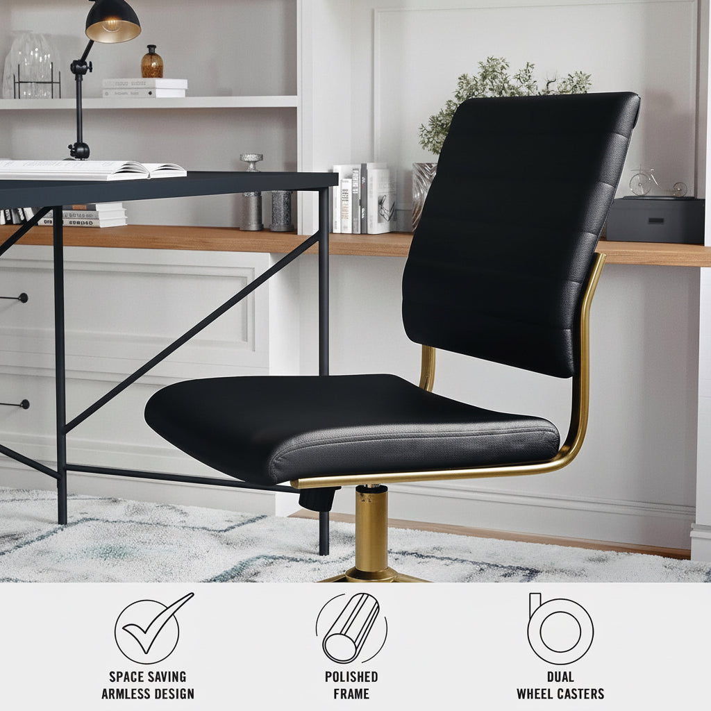 Black office chair with gold frame in a home office setting, featuring Martha Stewart logo.