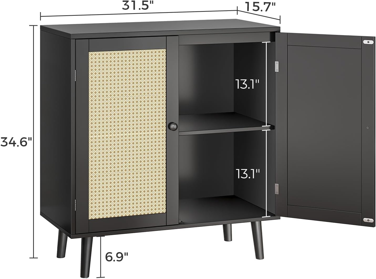 Black cabinet with measurements on a white background