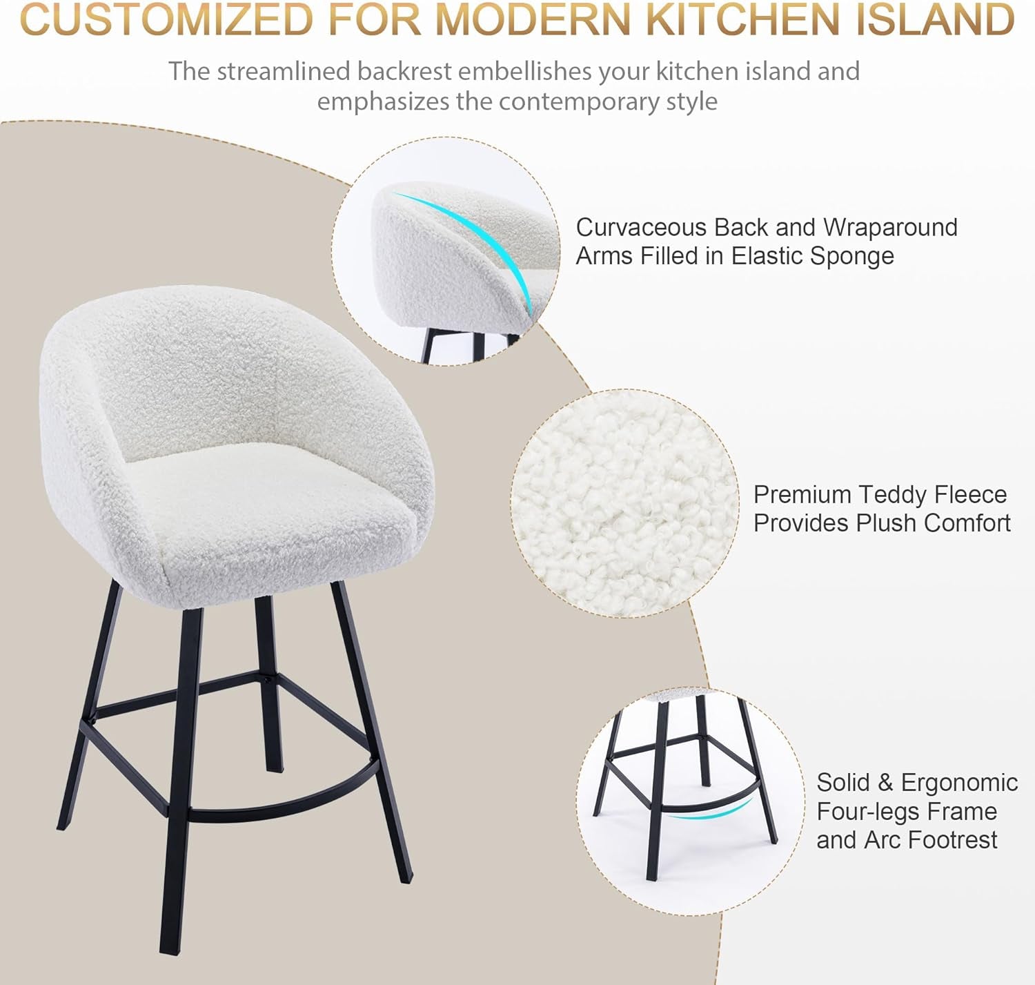 26 Inch Swivel Counter Stool White Sherpa Upholstered Bar Stool For Kitchen Counter-3