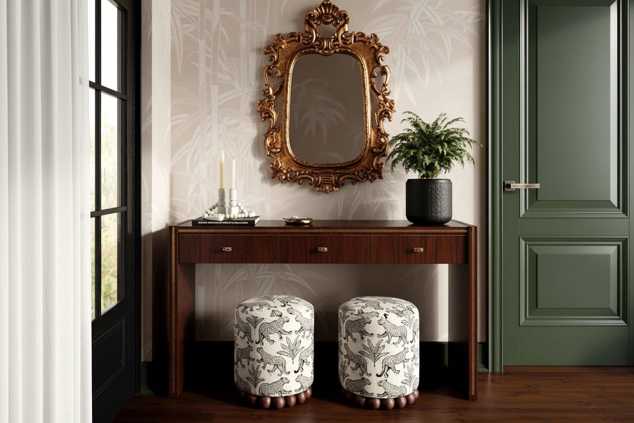 Wooden console table with decorative mirror, candles, and plants in a room.