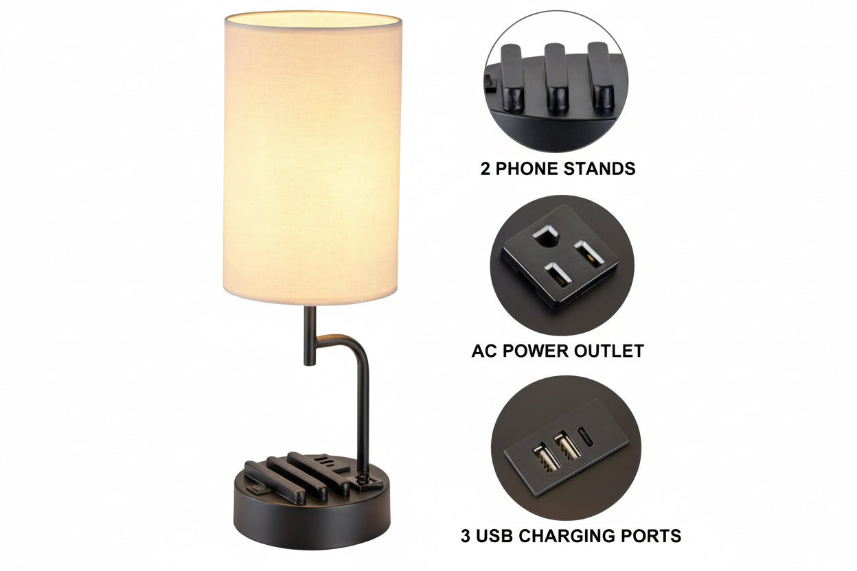 Table lamp with phone stand, AC power outlet, and USB charging ports on a white background.