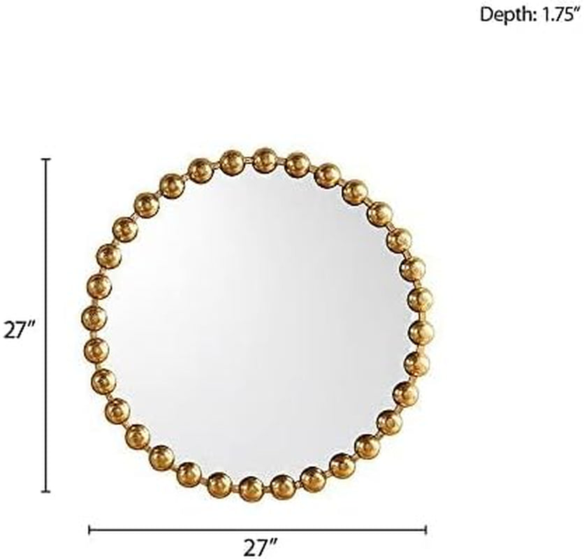 Gold beaded mirror with dimensions on a white background