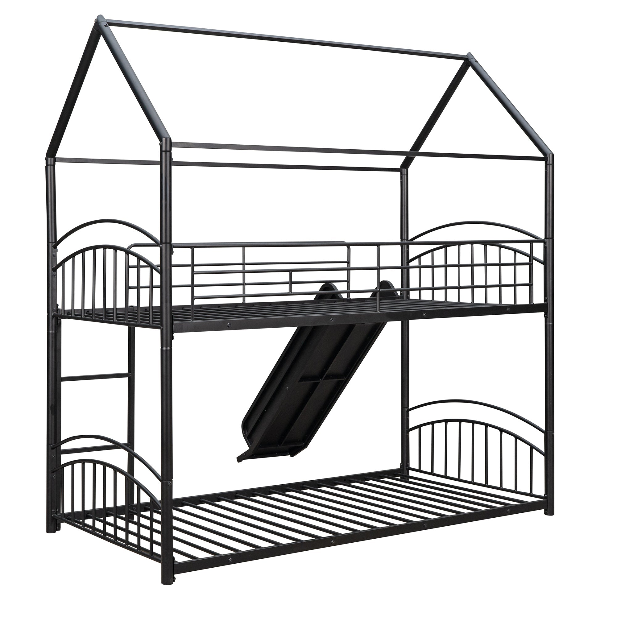 Twin Over Twin Metal Bunk Bed With Slide, Kids House Bed