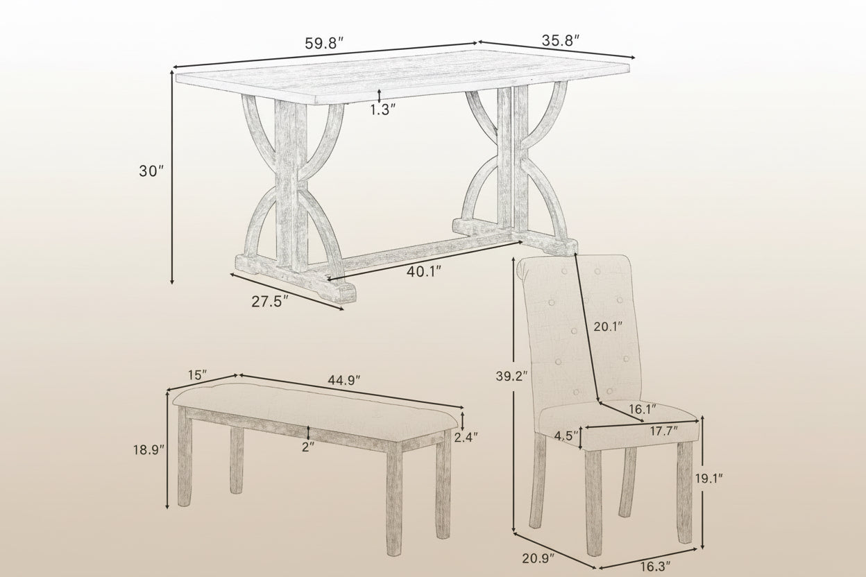 Dining table and chair with dimensions labeled in inches