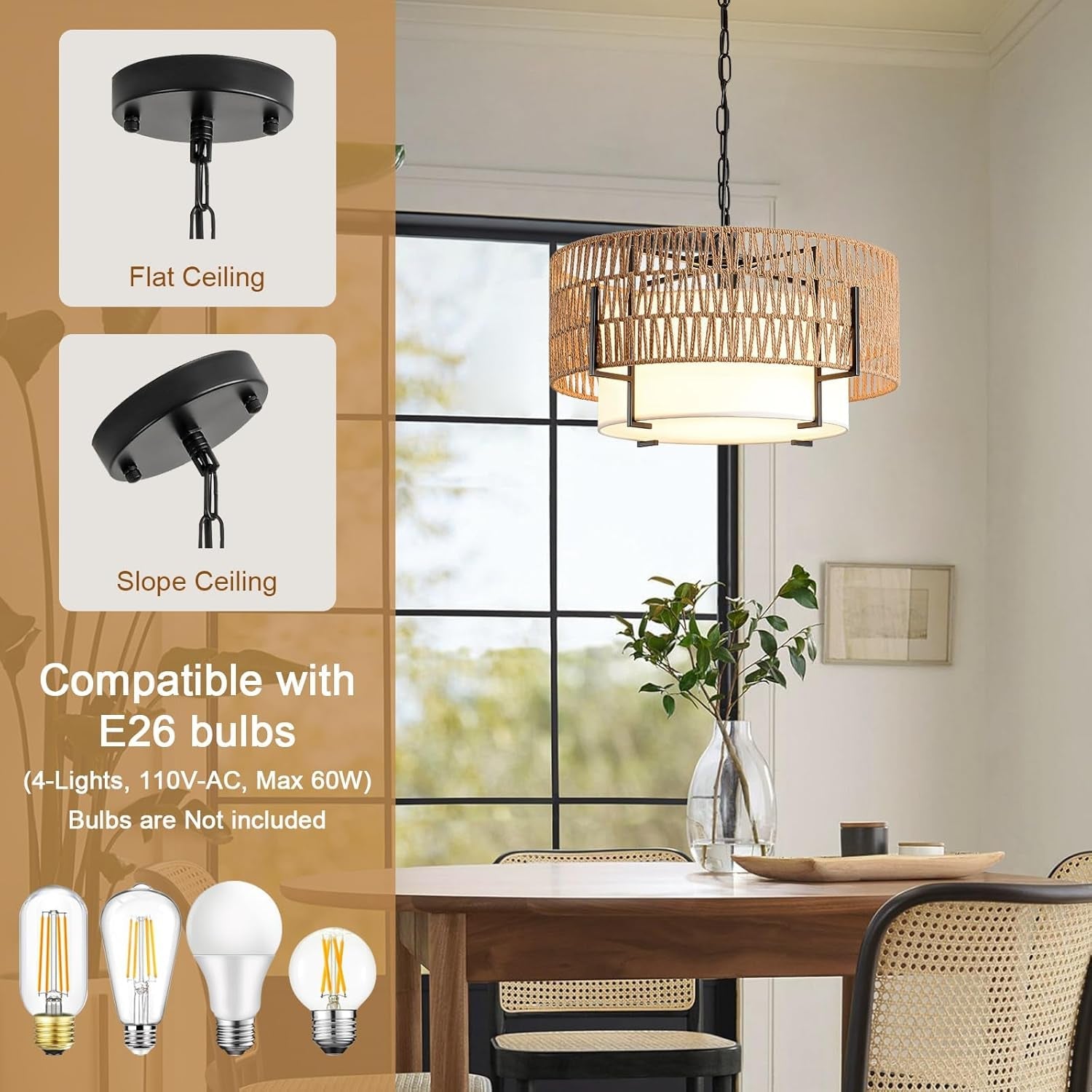 Chandelier with installation instructions and bulb compatibility details in a dining room setting.