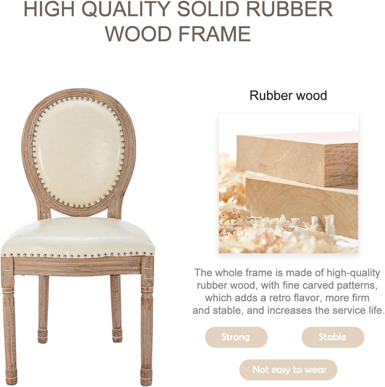 Chair with rubber wood frame and close-up of wood texture on a white background