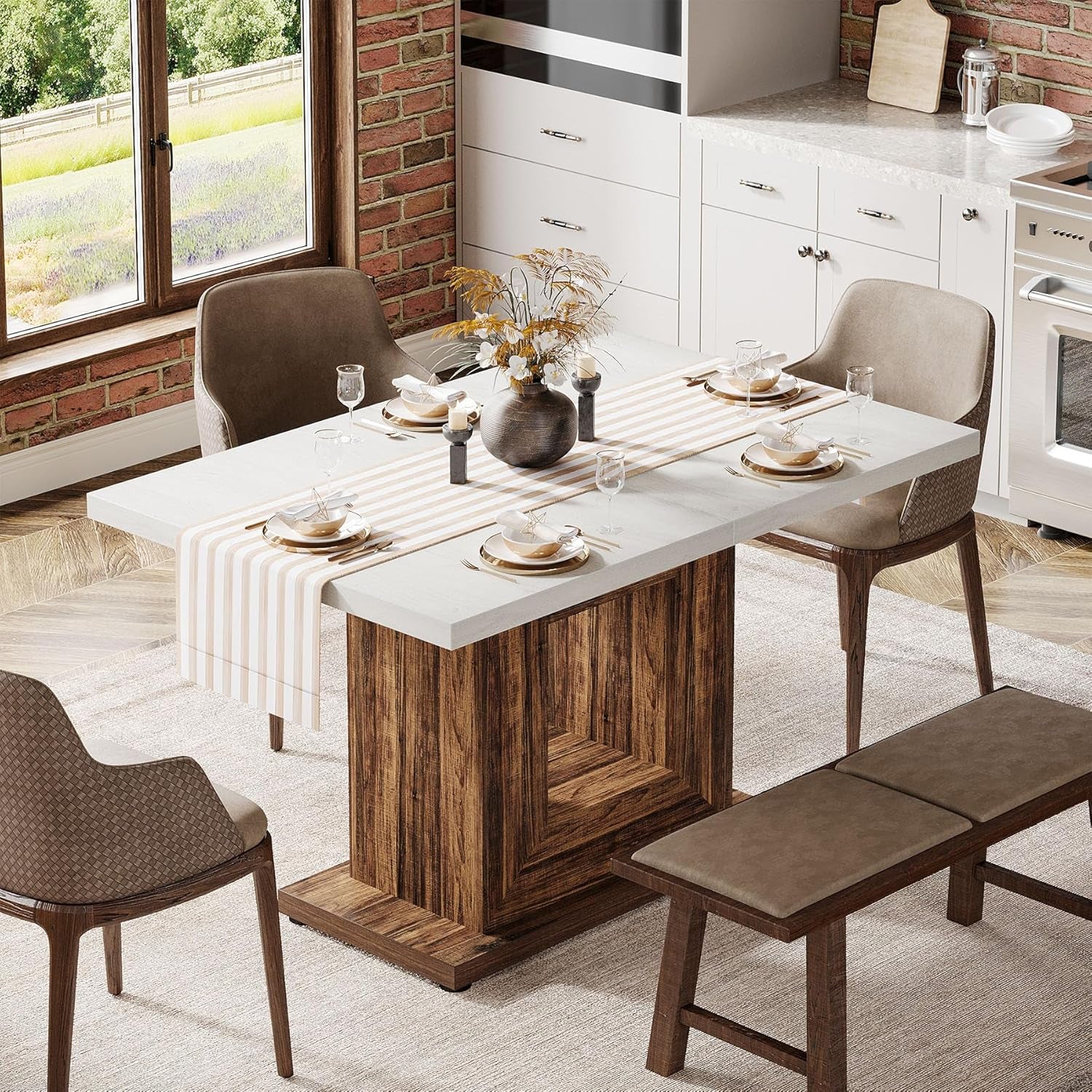 Dining table set with chairs and a bench in a kitchen.