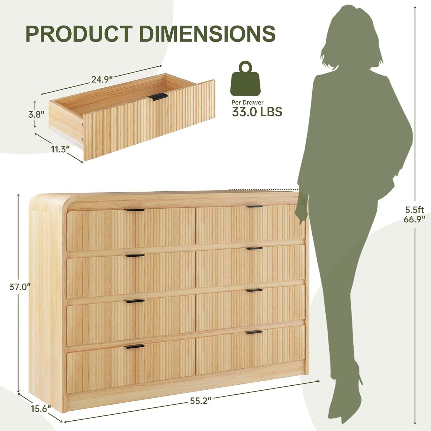 Wooden dresser with dimensions and weight capacity shown, accompanied by a silhouette of a person for scale.