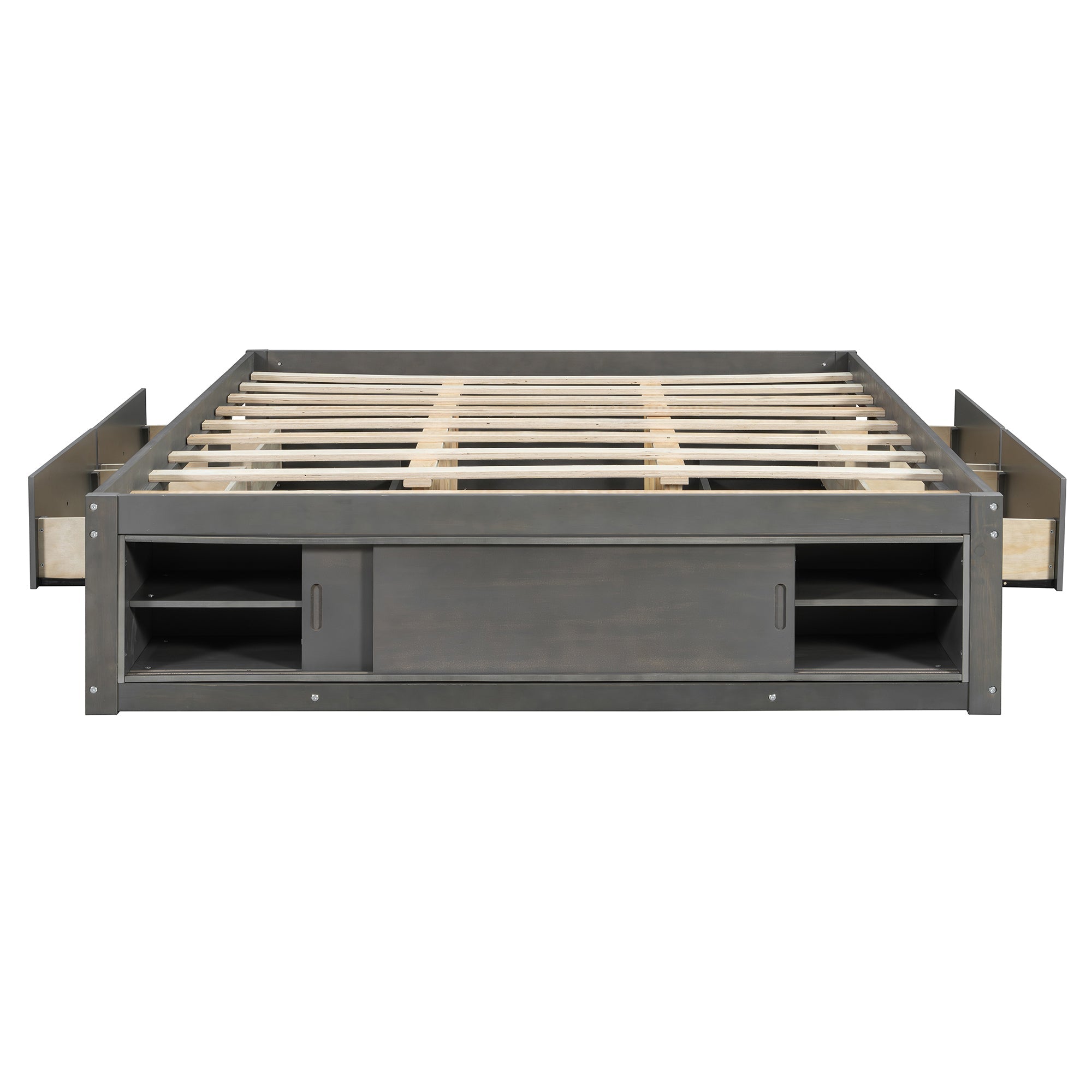 Platform Bed Frame with 4 Storage Drawers and Footboard Storage Cubby,