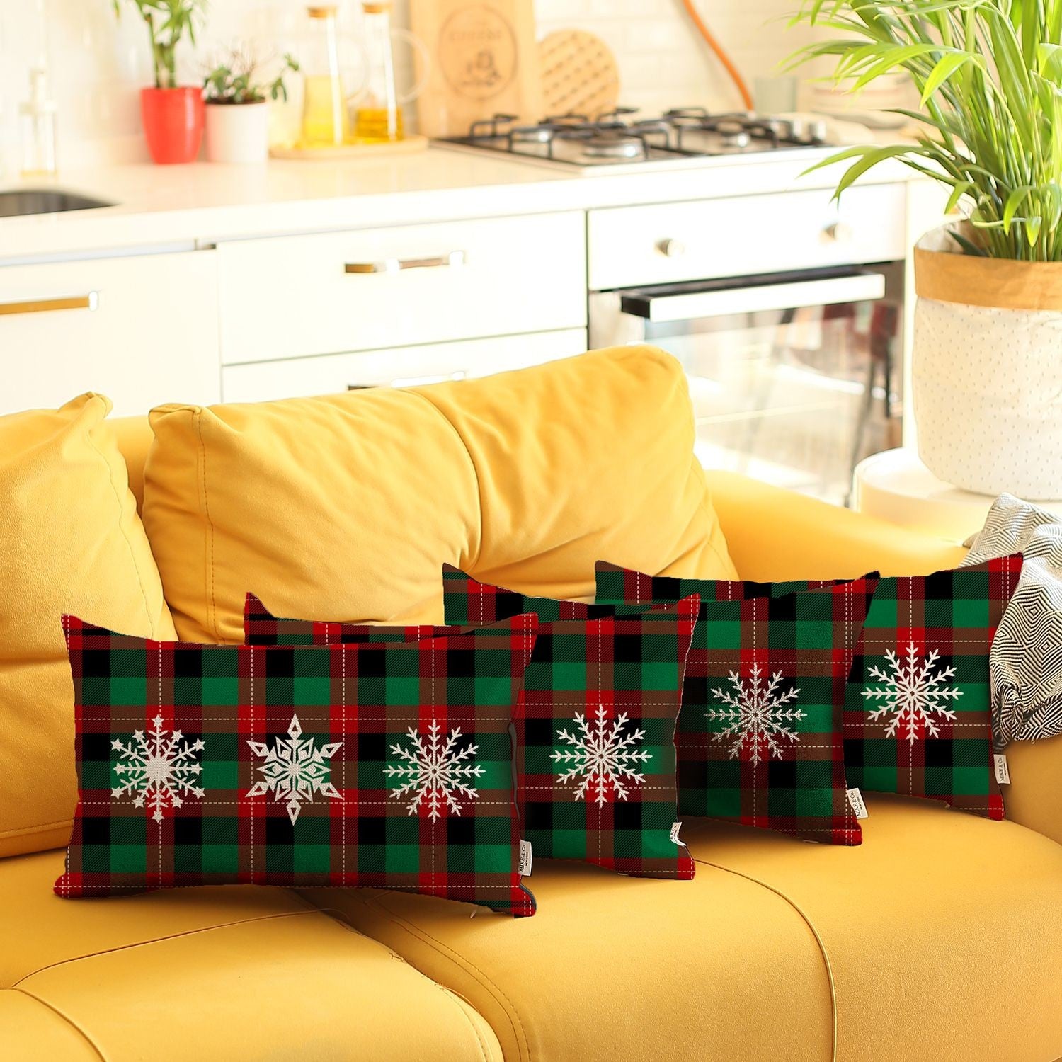 Set of 4 Christmas Snowflake Trio Plaid Lumbar Throw Pillows-0