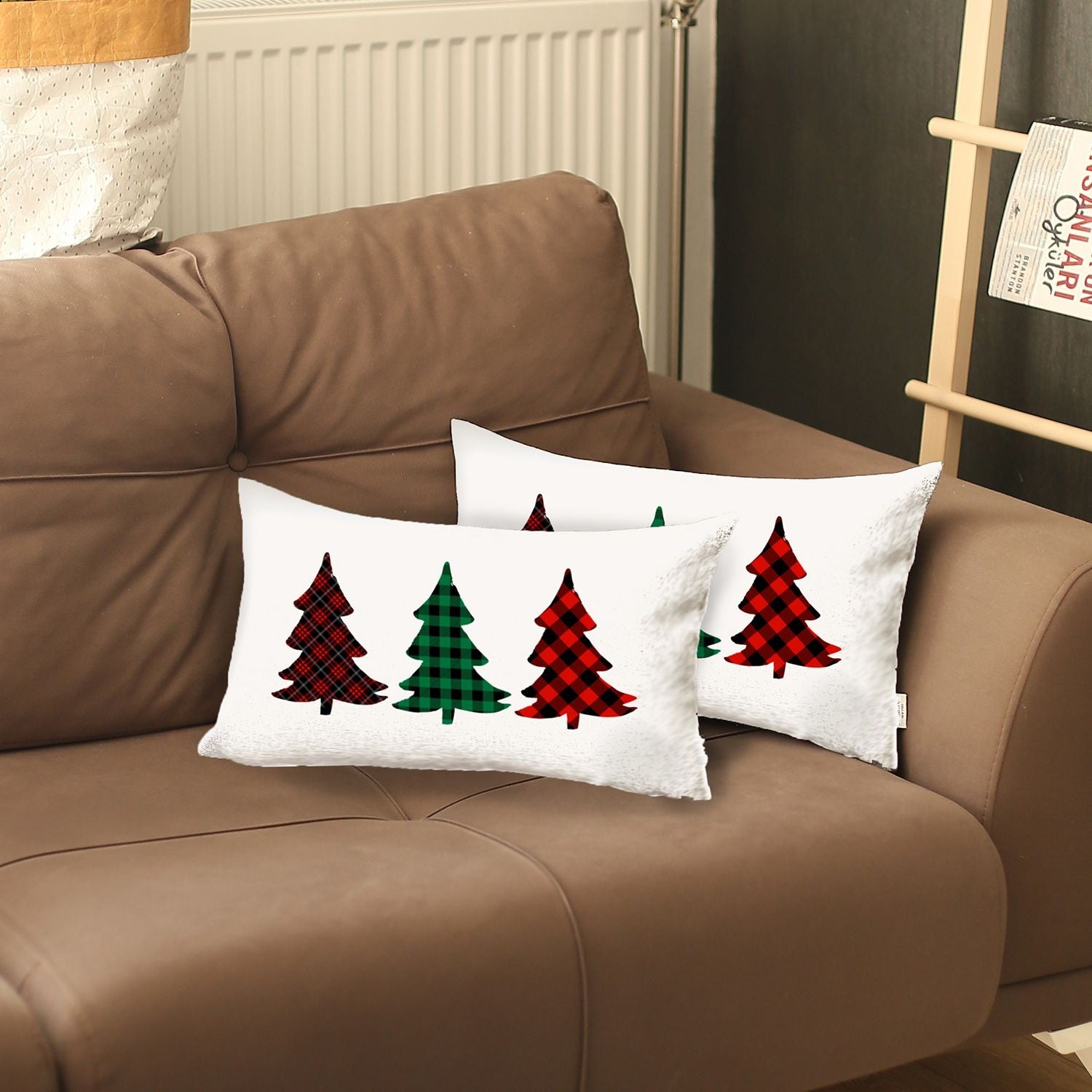Set of 2 Christmas Tree Trio Plaid Lumbar Throw Pillows-6